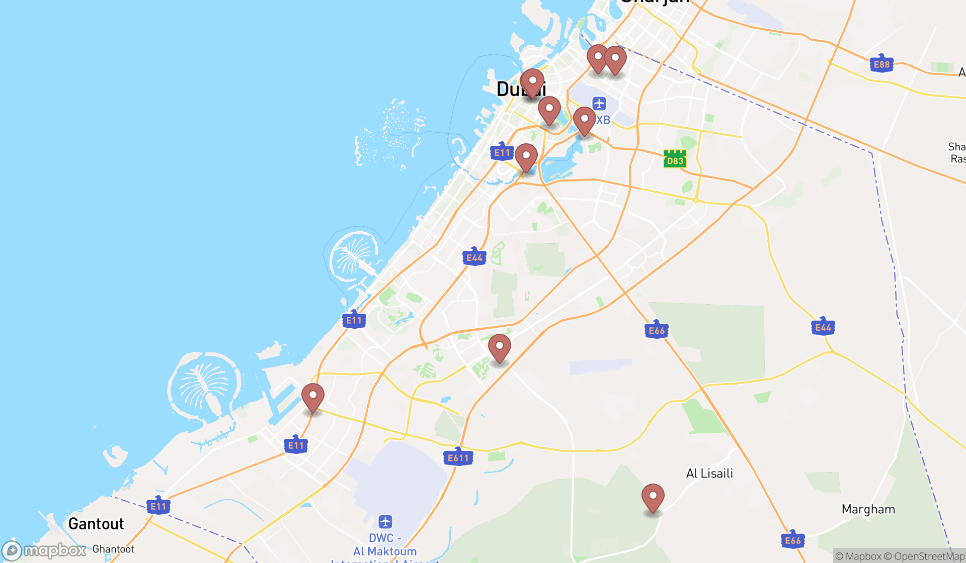 Map showing the ranked plus size clothing stores in Dubai, Dubai