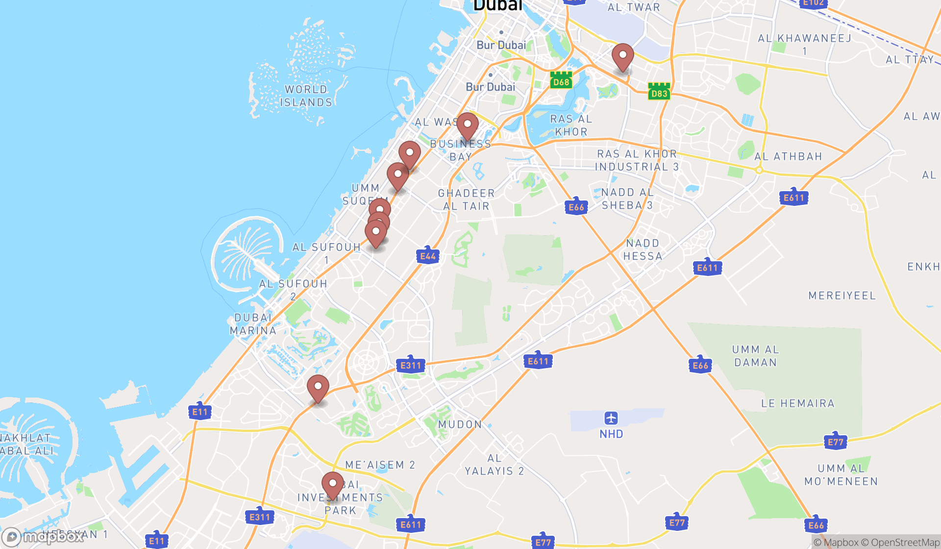 Map showing the ranked porsche dealers in Dubai, Dubai