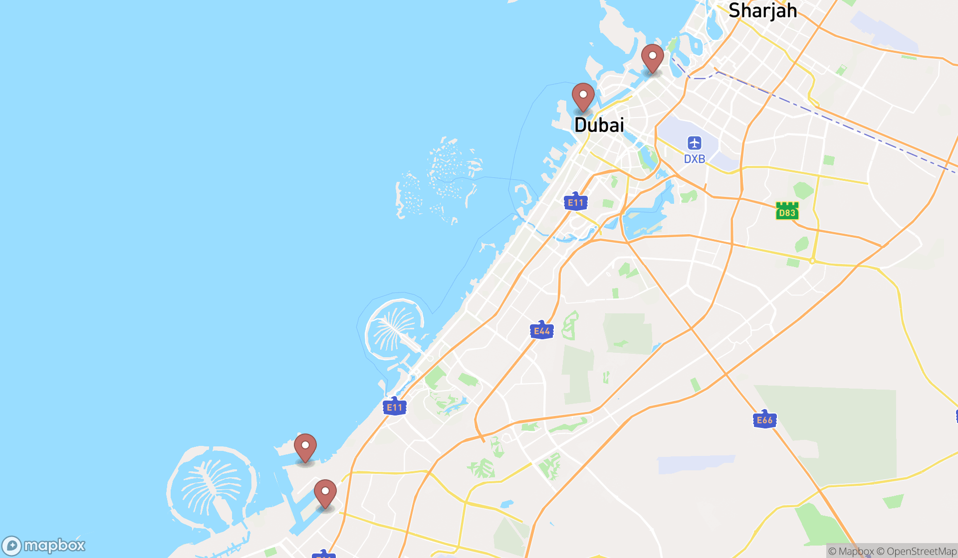 Map showing the ranked ports in Dubai, Dubai