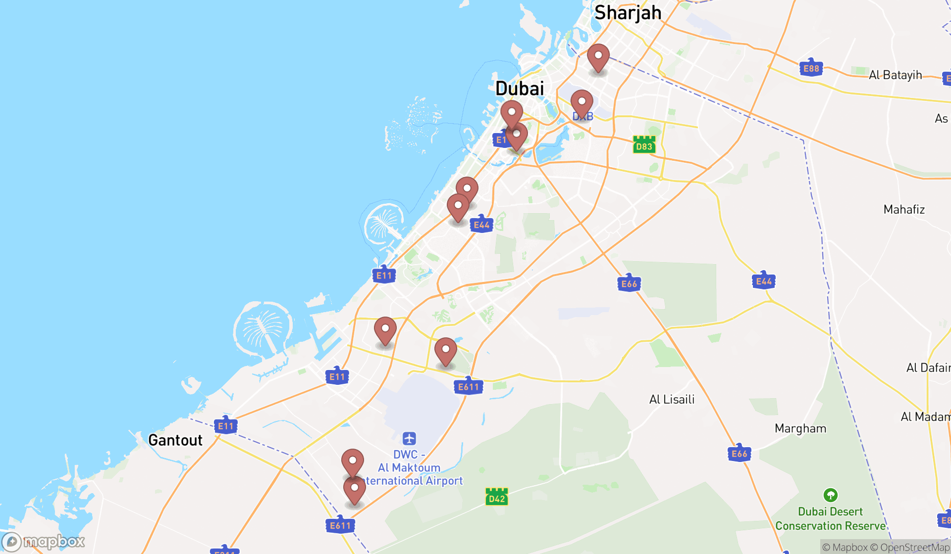 Map showing the ranked portable toilet suppliers in Dubai, Dubai