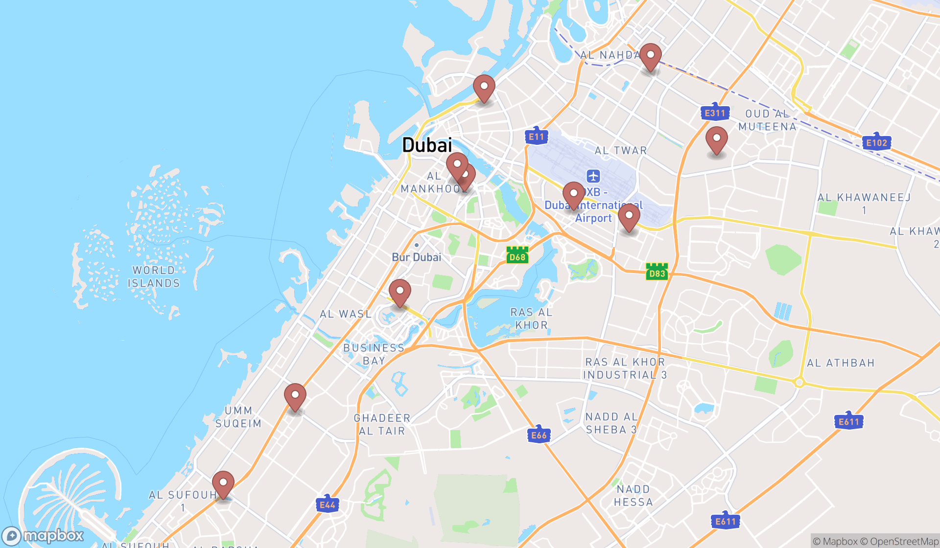 Map showing the ranked post offices in Dubai, Dubai