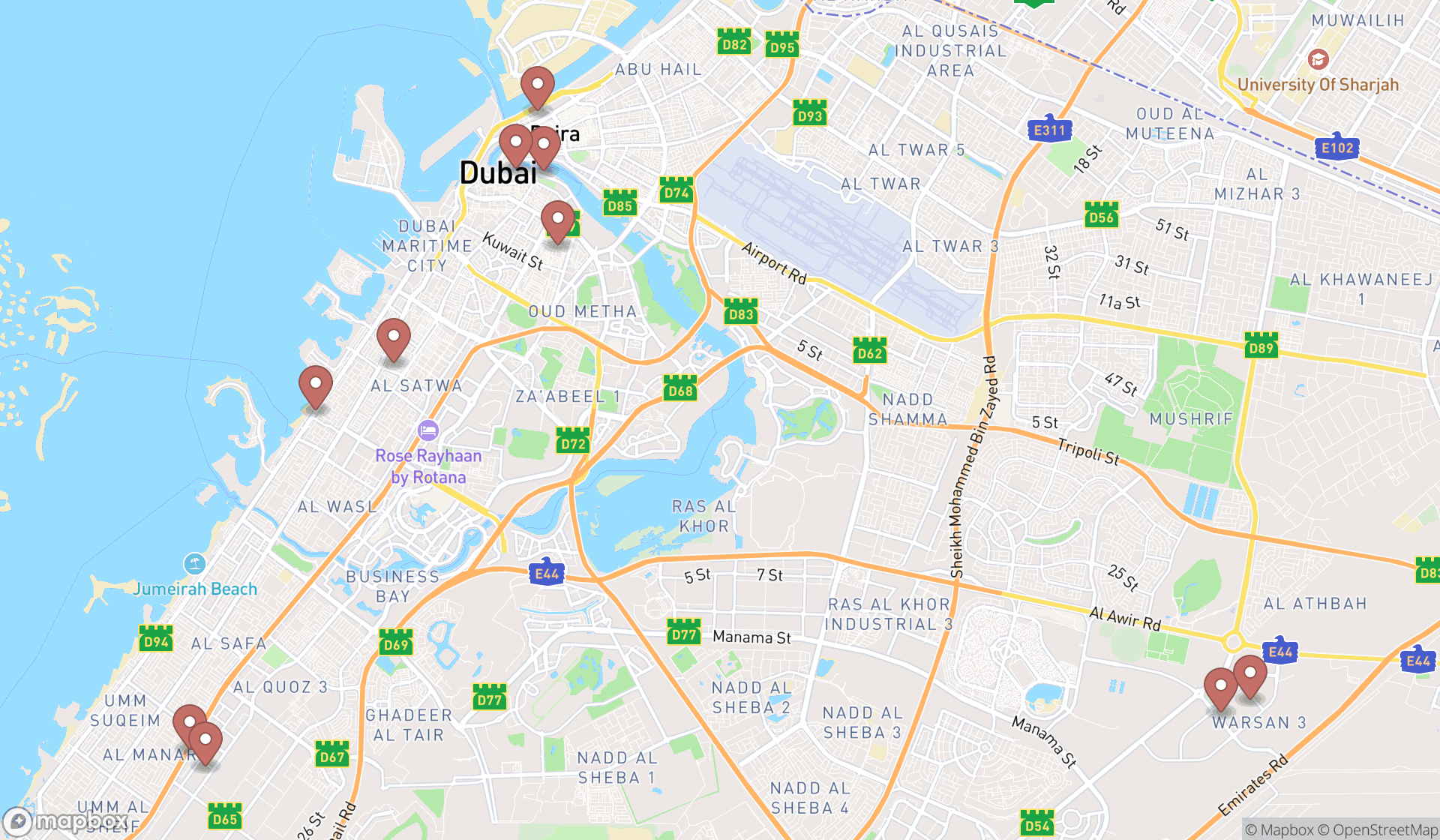 Map showing the ranked pottery stores in Dubai, Dubai