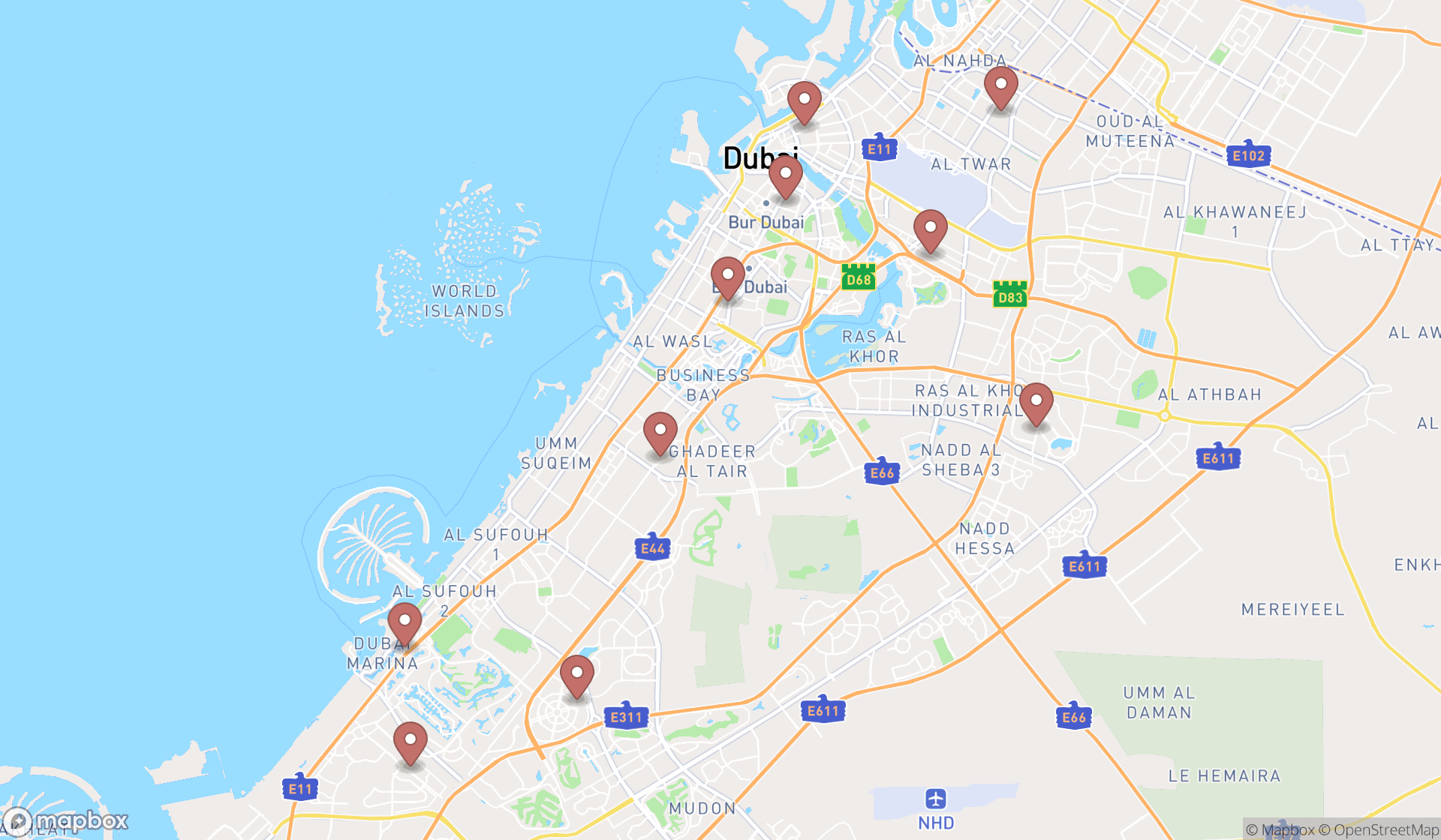 Map showing the ranked print shops in Dubai, Dubai