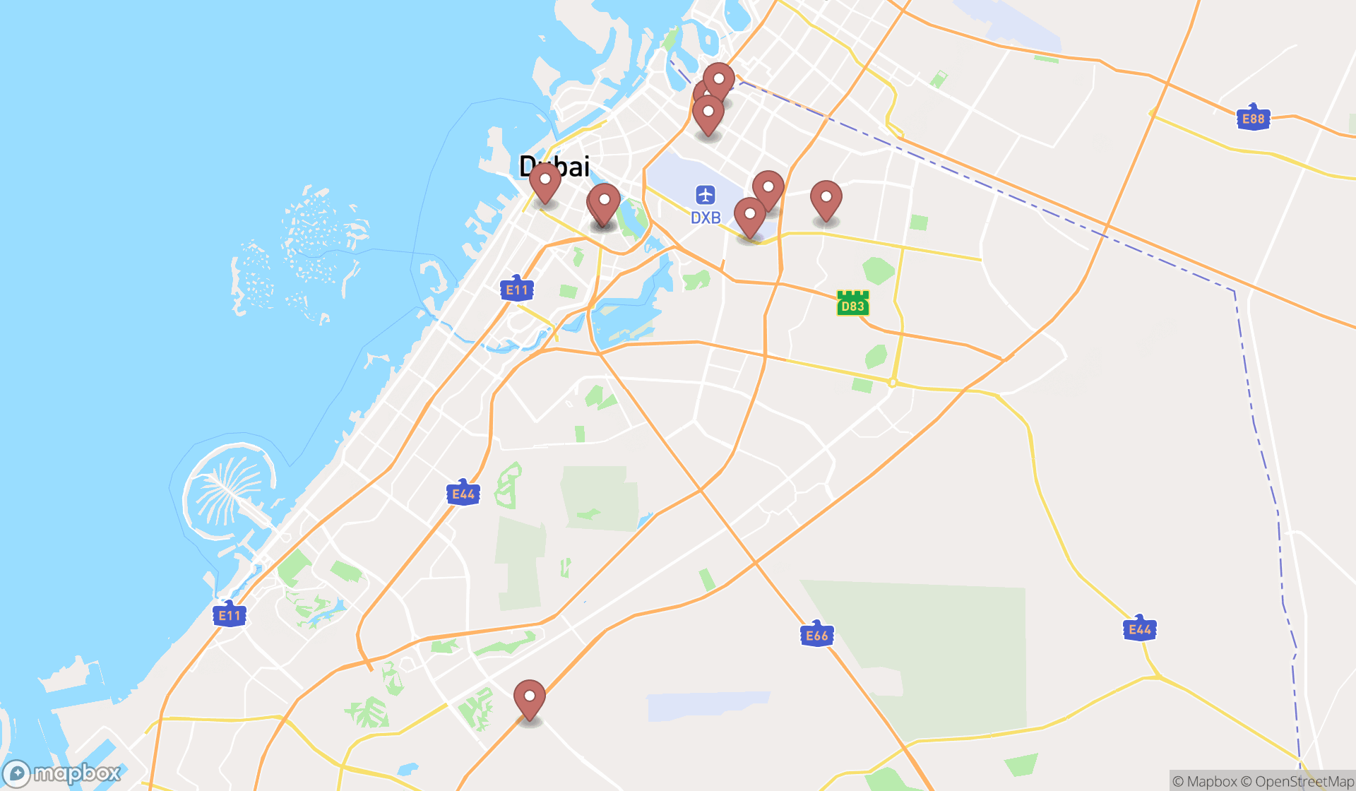 Map showing the ranked private educational institutions in Dubai, Dubai