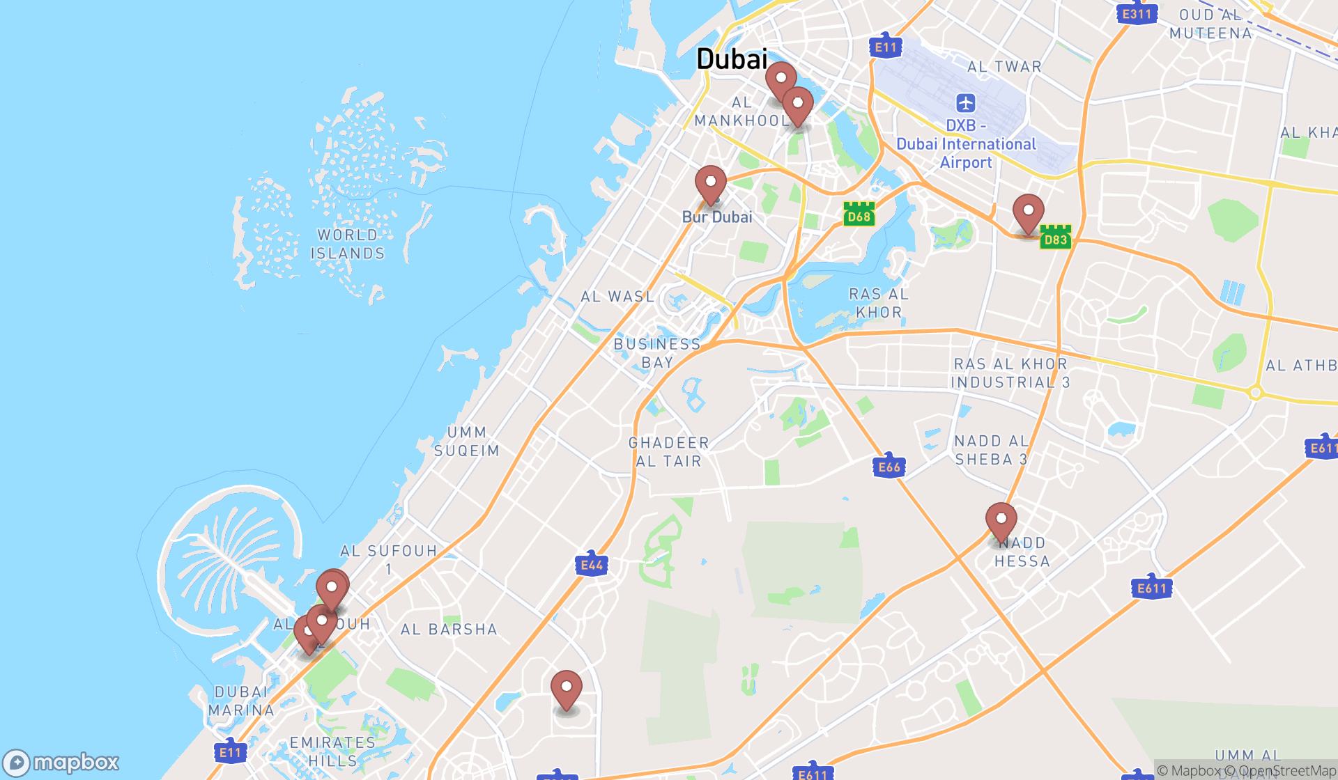Map showing the ranked private universities in Dubai, Dubai