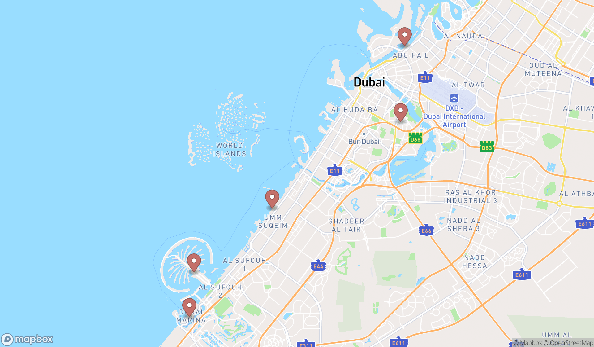 Map showing the ranked public baths in Dubai, Dubai