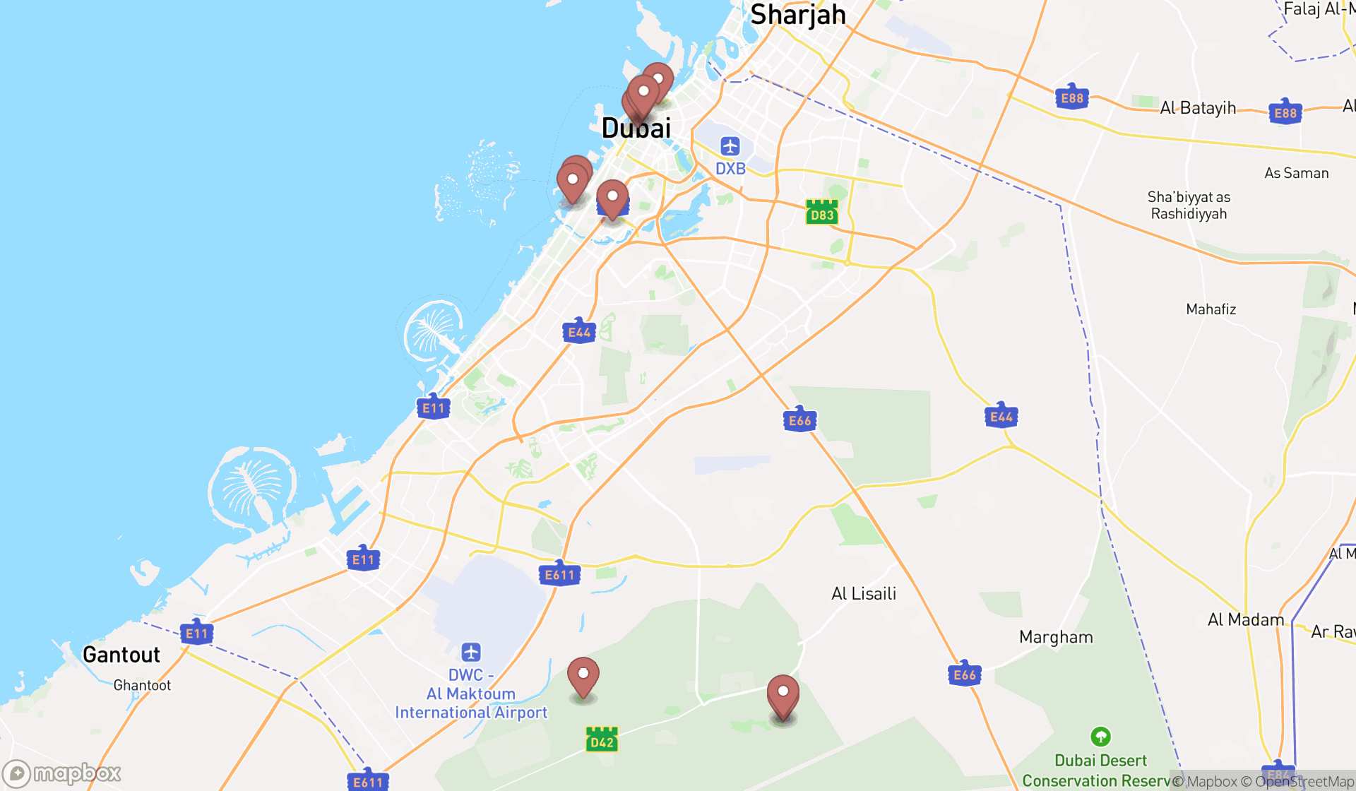 Map showing the ranked public bathrooms in Dubai, Dubai