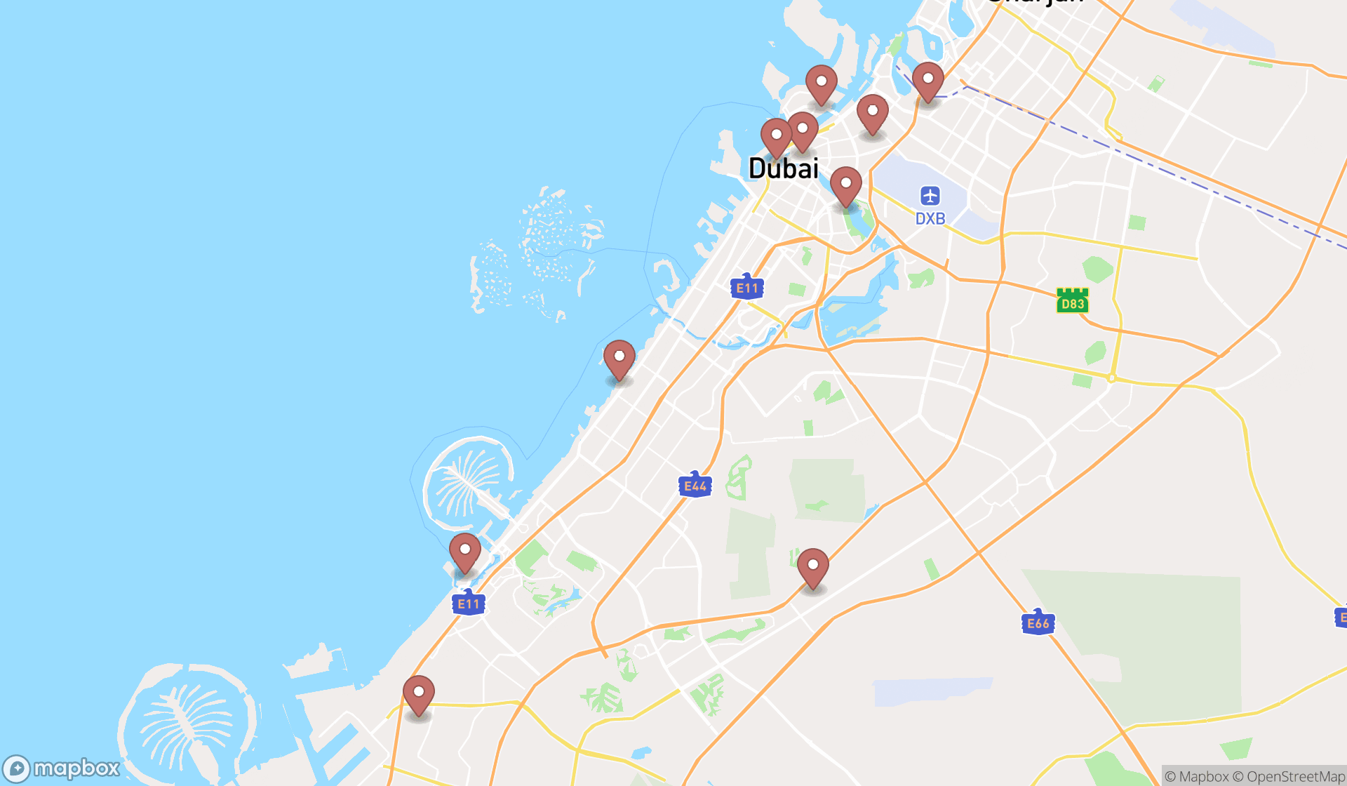 Map showing the ranked public male bathrooms in Dubai, Dubai
