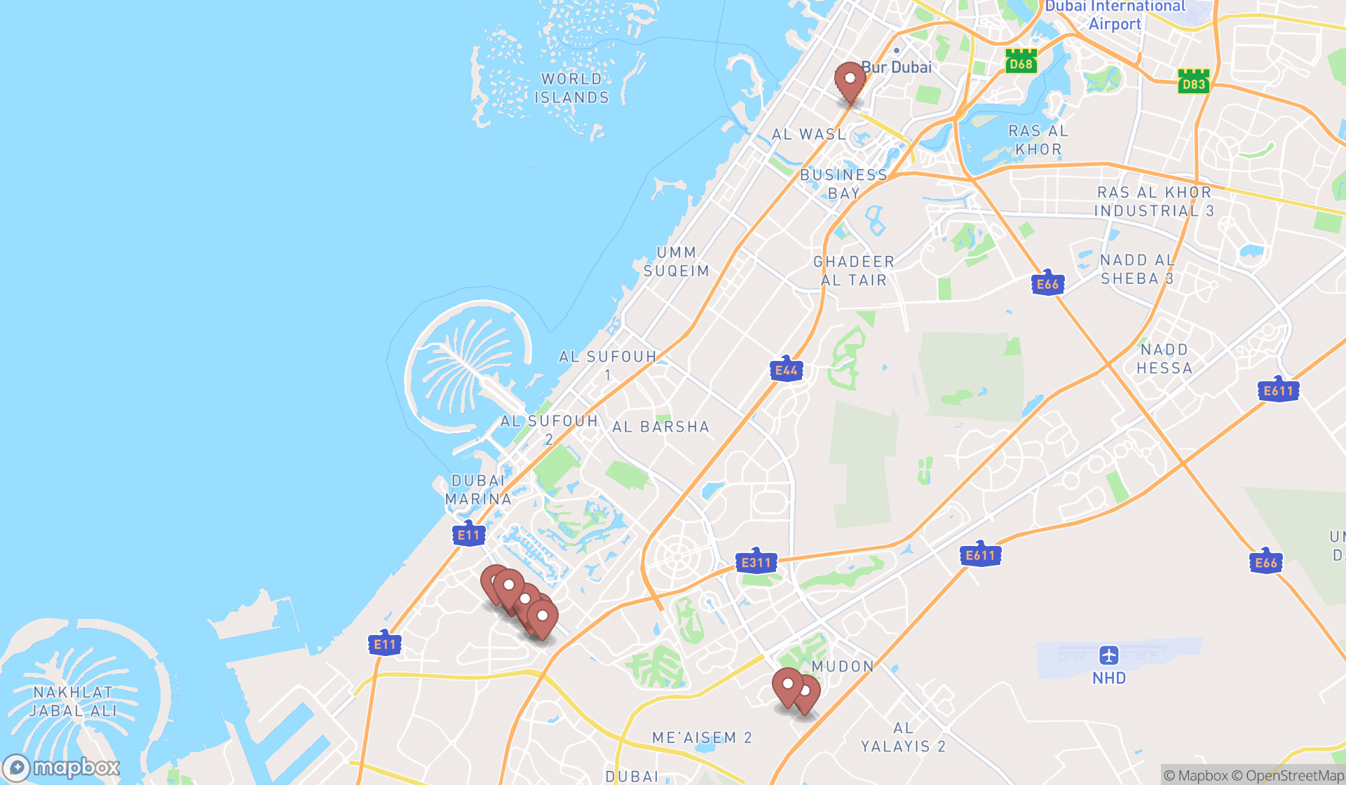 Map showing the ranked public swimming pools in Dubai, Dubai