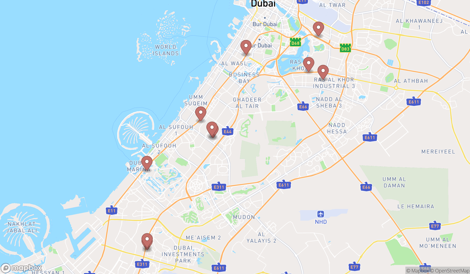 Map showing the ranked race car dealers in Dubai, Dubai