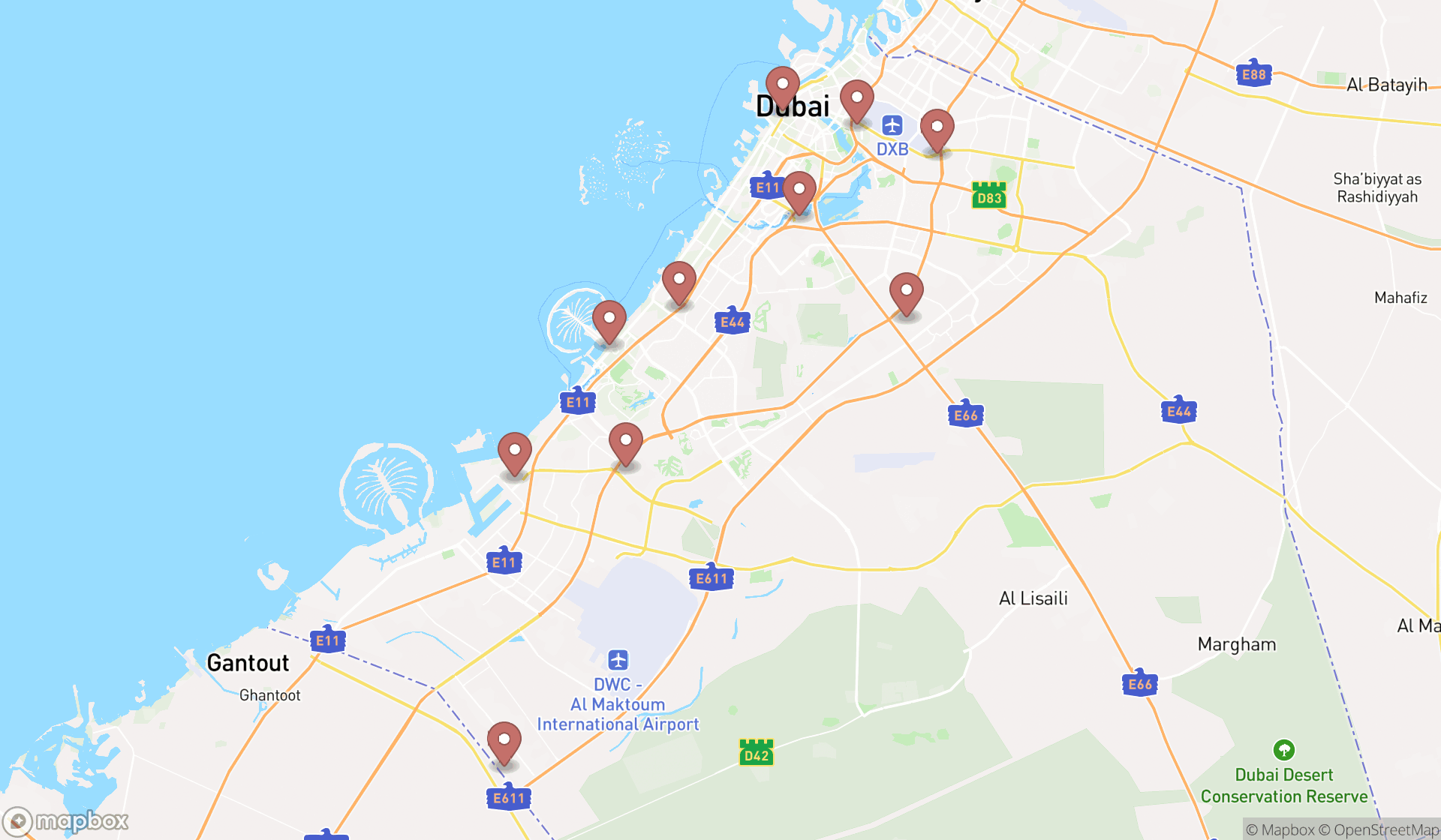 Map showing the ranked railway services in Dubai, Dubai