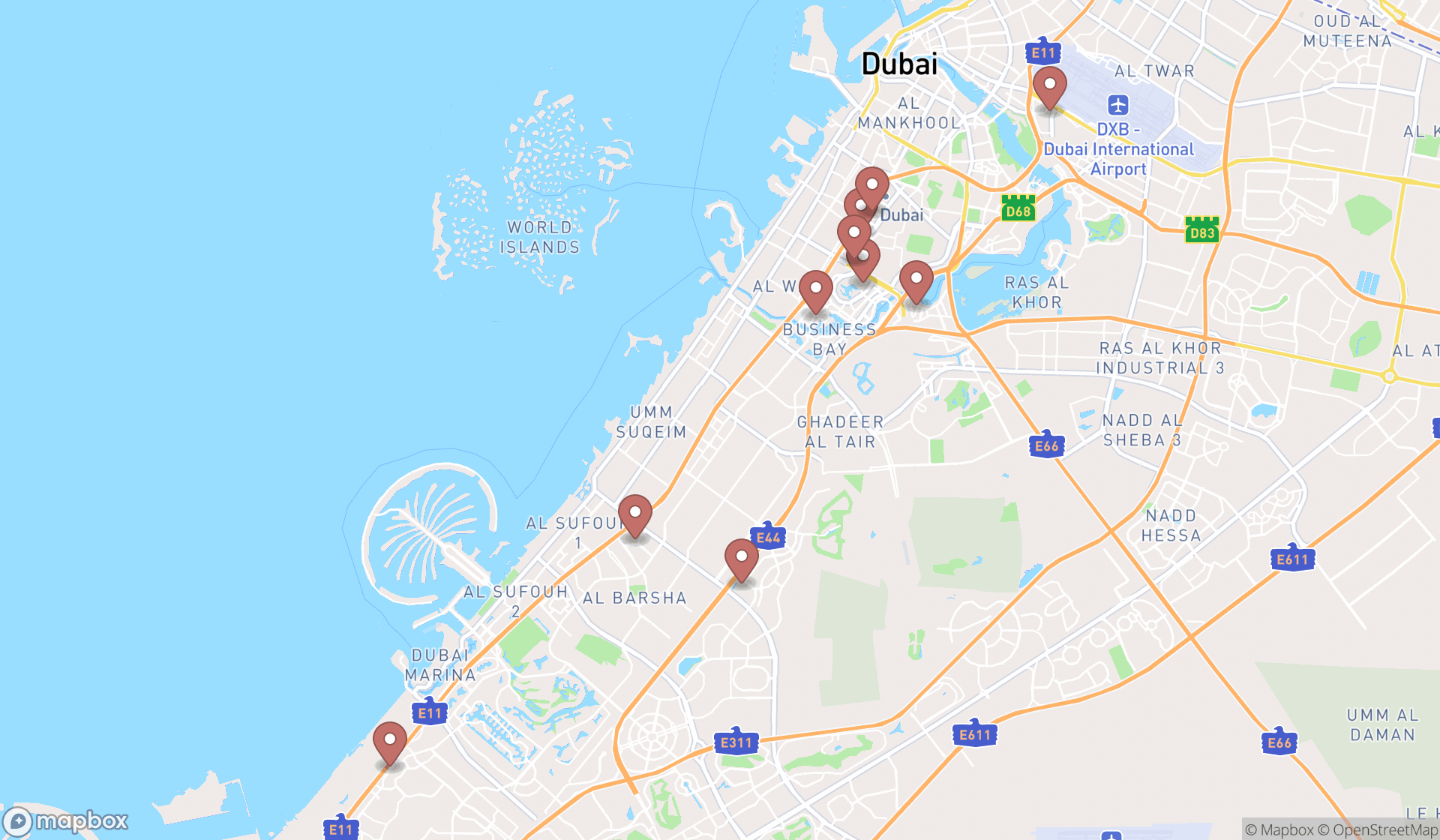 Map showing the ranked ramen restaurants in Dubai, Dubai