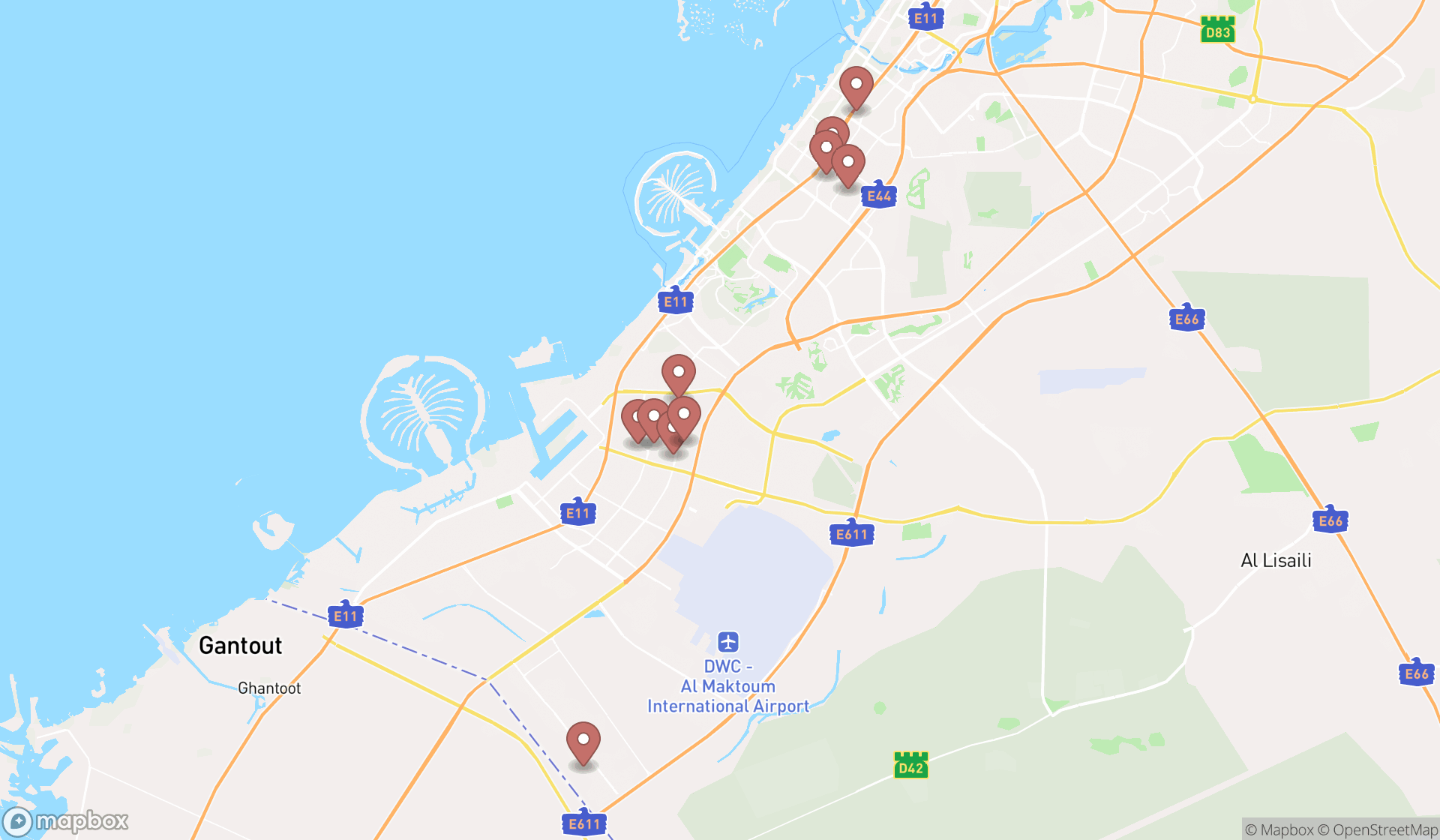 Map showing the ranked ready mix concrete suppliers in Dubai, Dubai