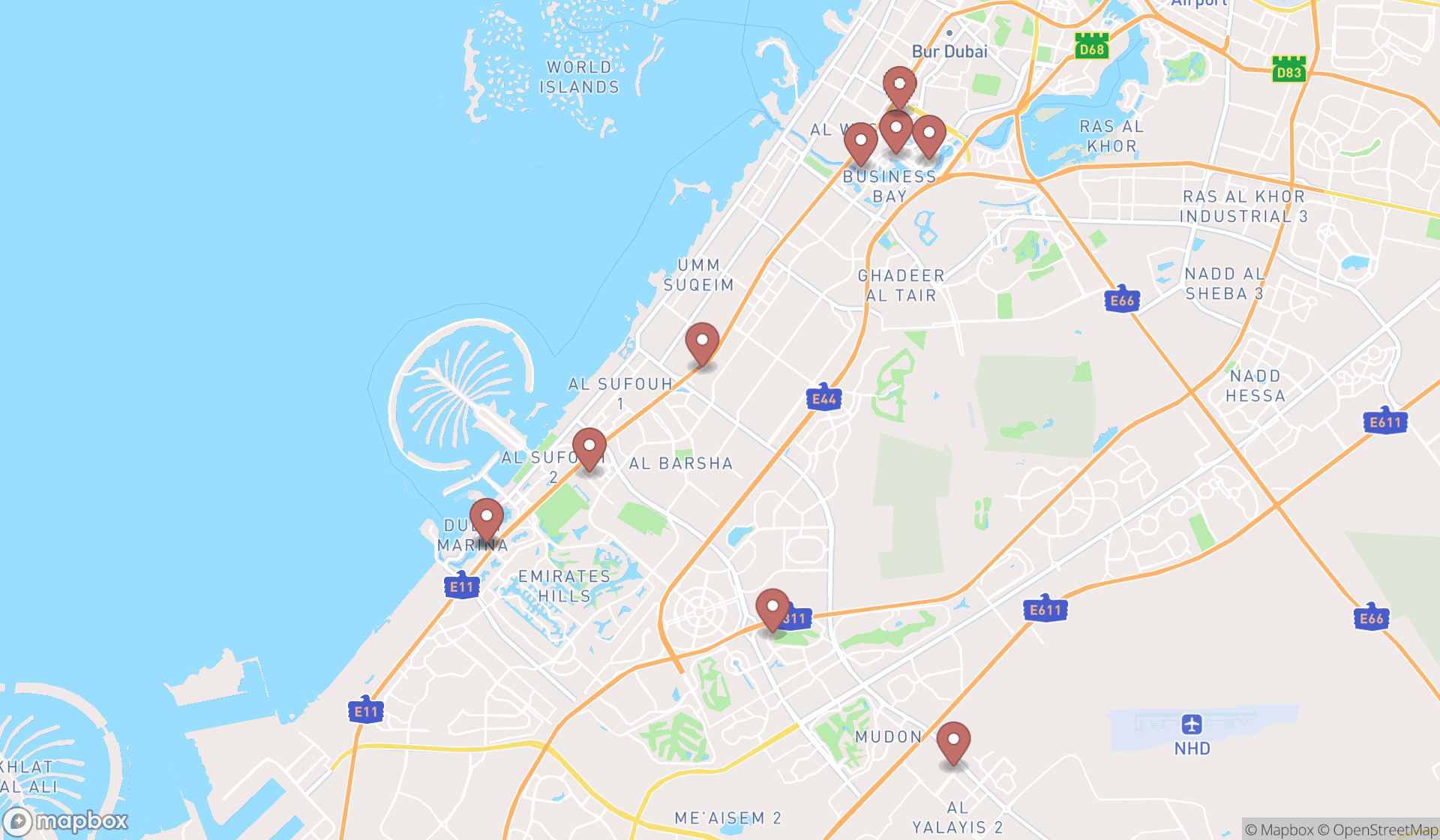 Map showing the ranked real estate agencies in Dubai, Dubai