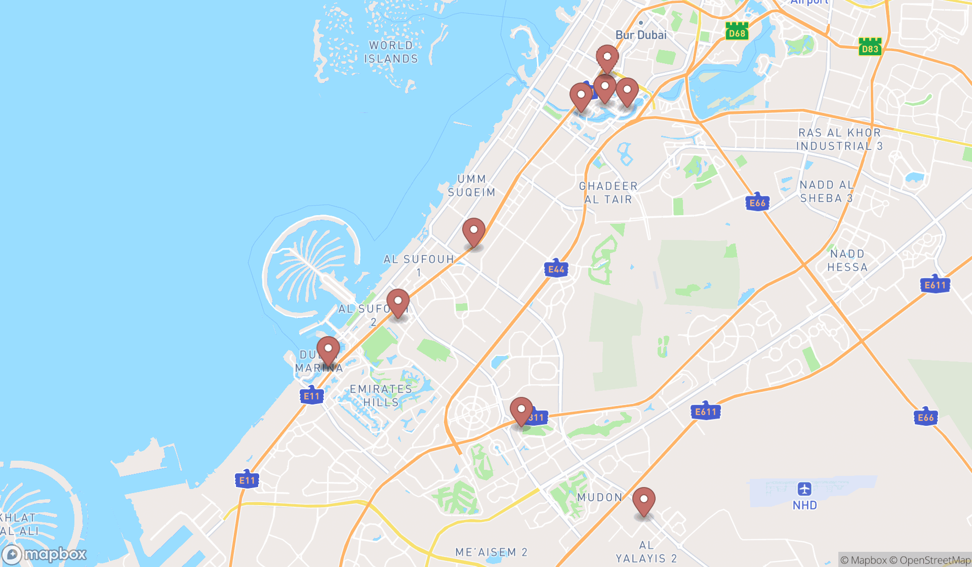Map showing the ranked real estate agencies in Dubai, Dubai