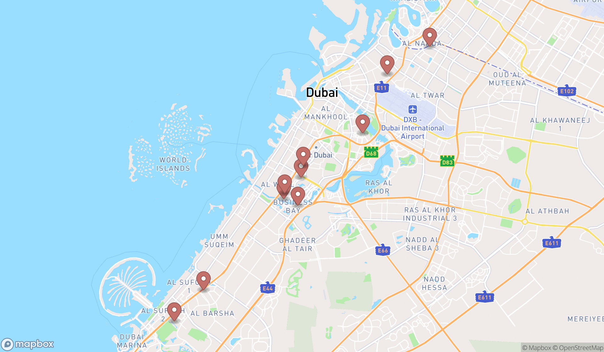 Map showing the ranked real estates in Dubai, Dubai