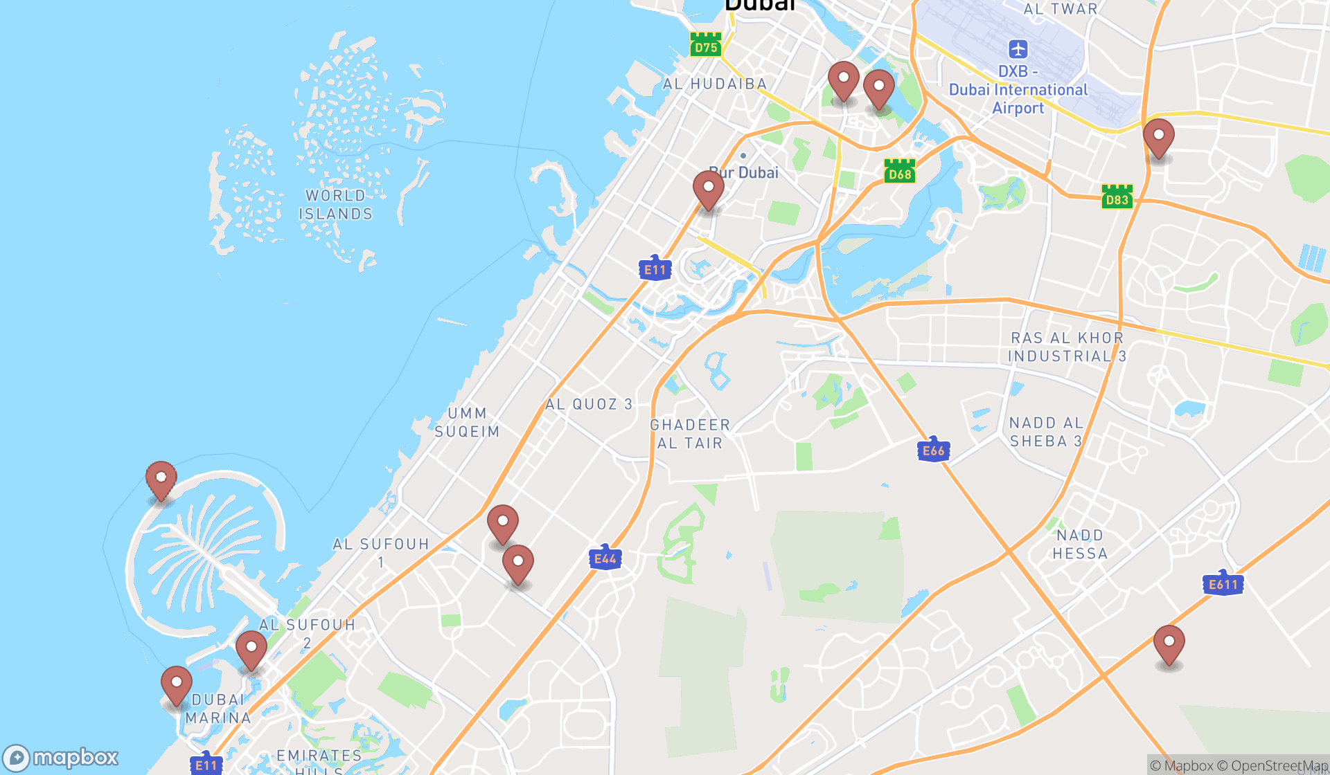 Map showing the ranked recreation centers in Dubai, Dubai