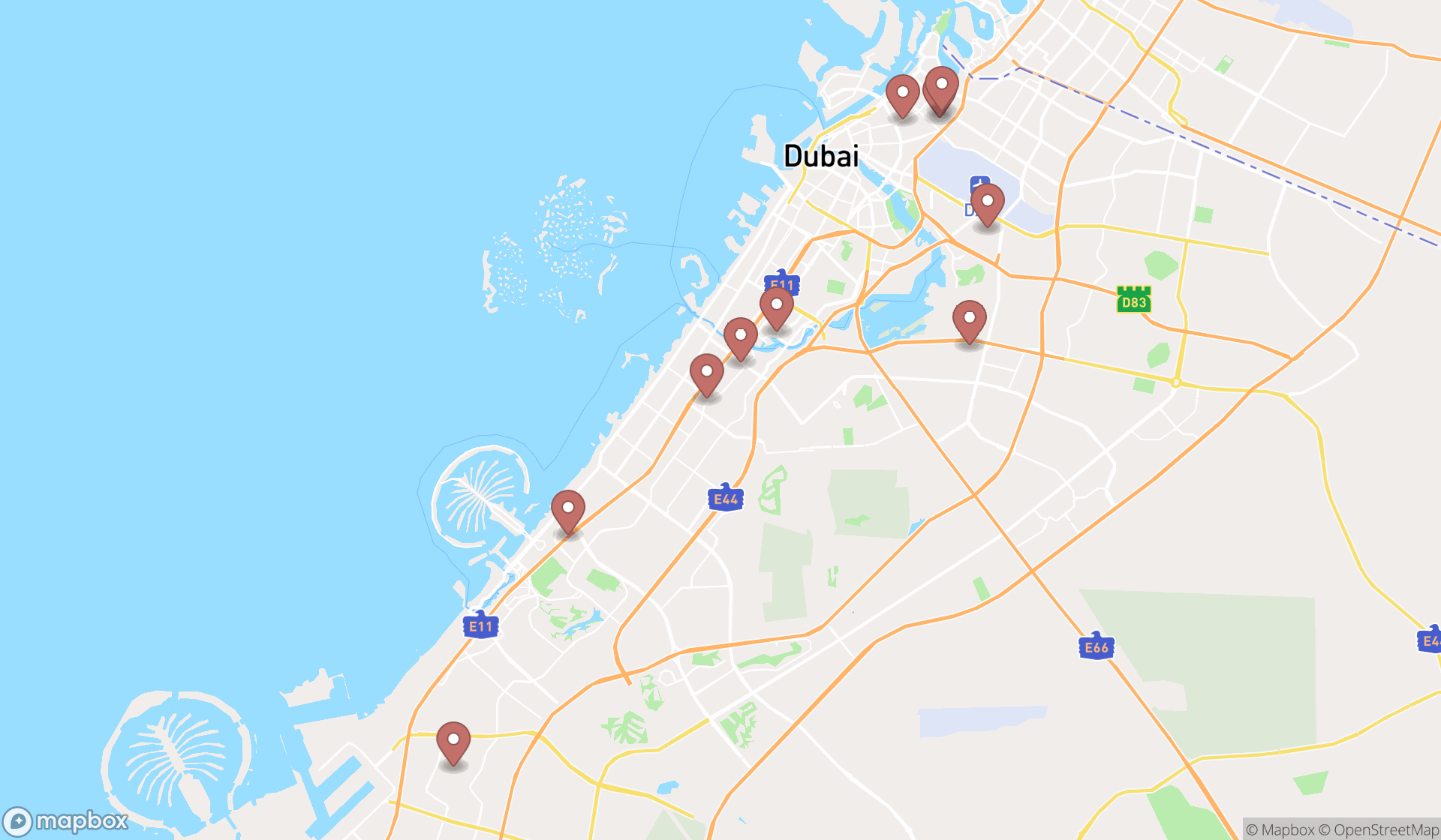 Map showing the ranked recreational vehicle rental agencies in Dubai, Dubai