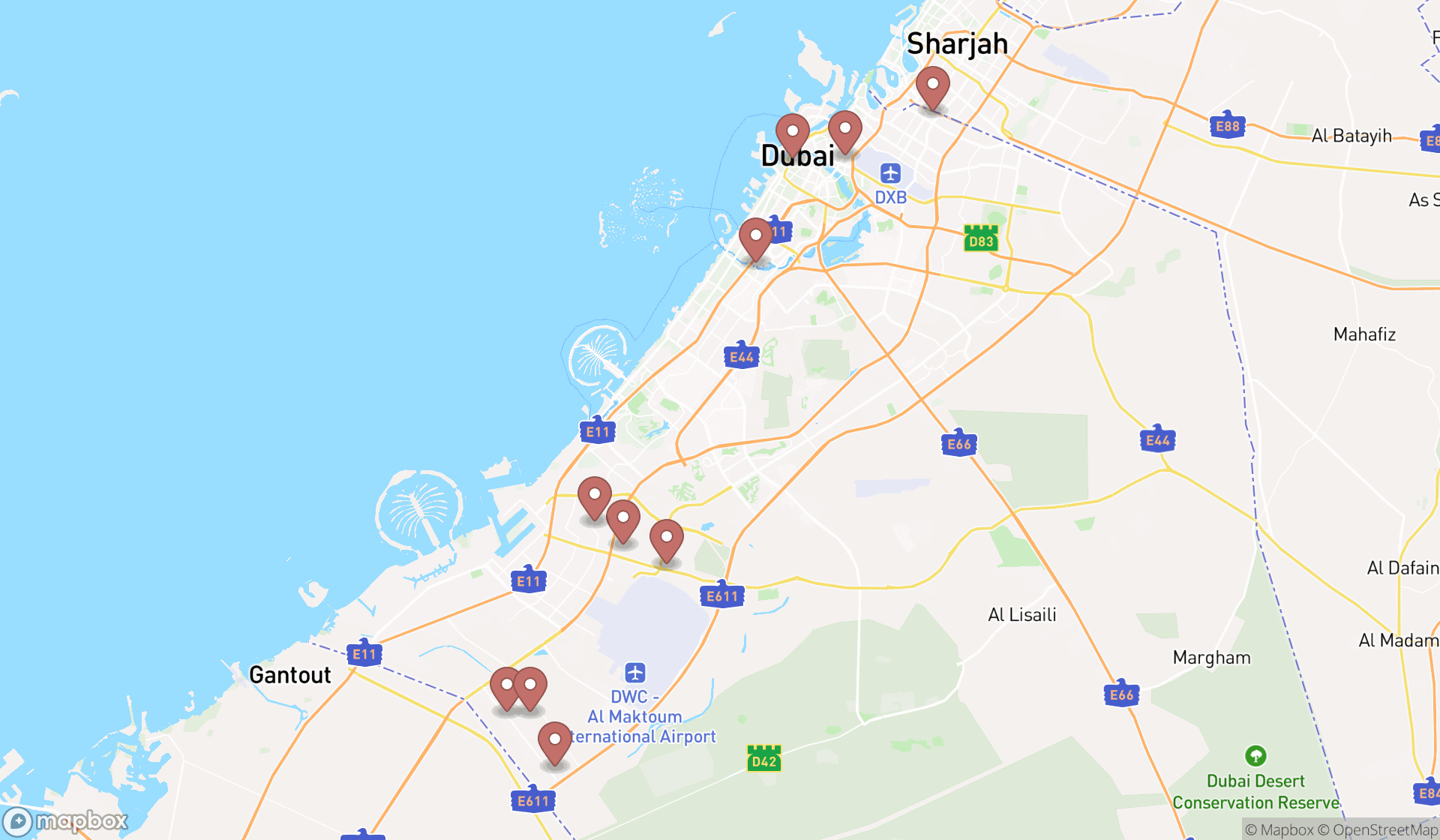 Map showing the ranked recycling centers in Dubai, Dubai