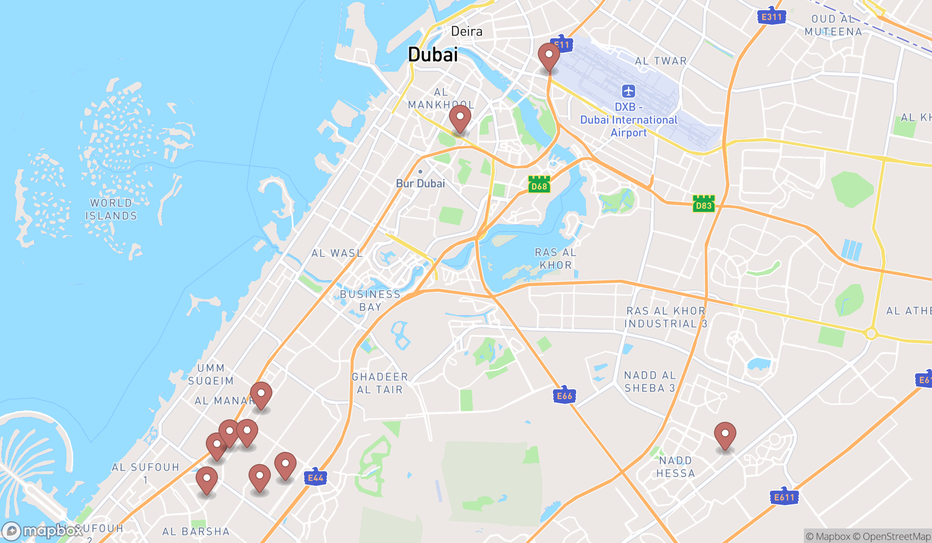 Map showing the ranked rehearsal studios in Dubai, Dubai