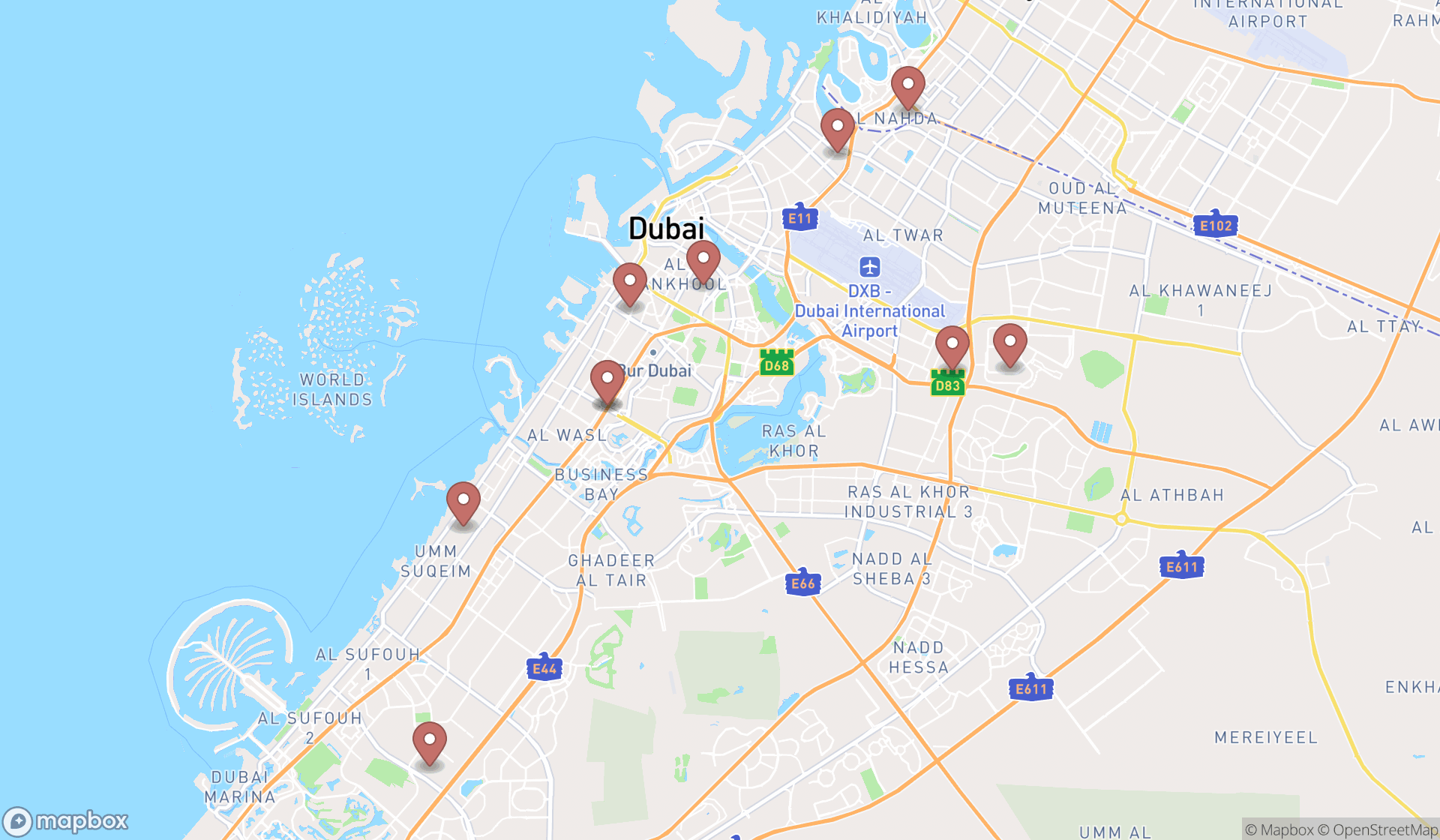 Map showing the ranked religious institutions in Dubai, Dubai