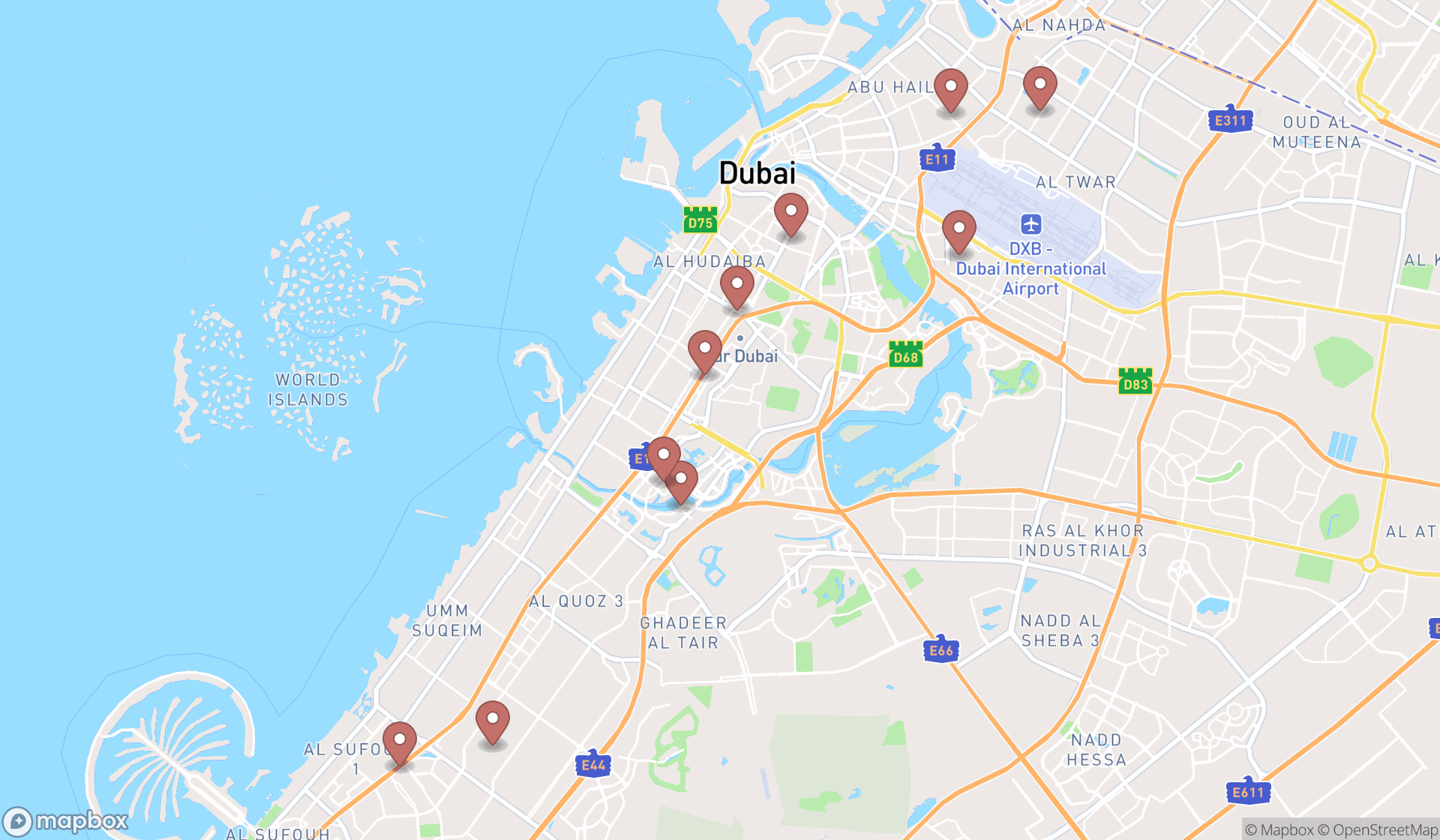 Map showing the ranked rental car return locations in Dubai, Dubai