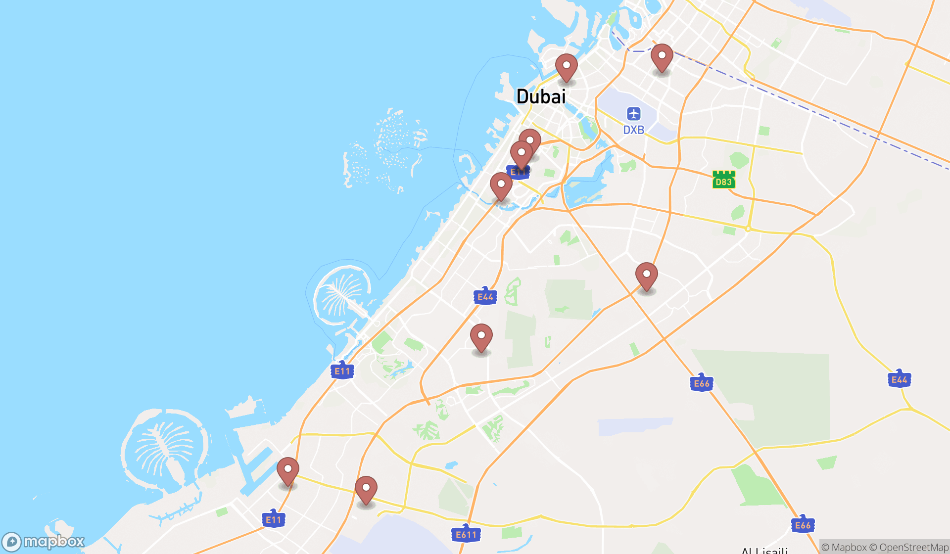 Map showing the ranked research and product developments in Dubai, Dubai
