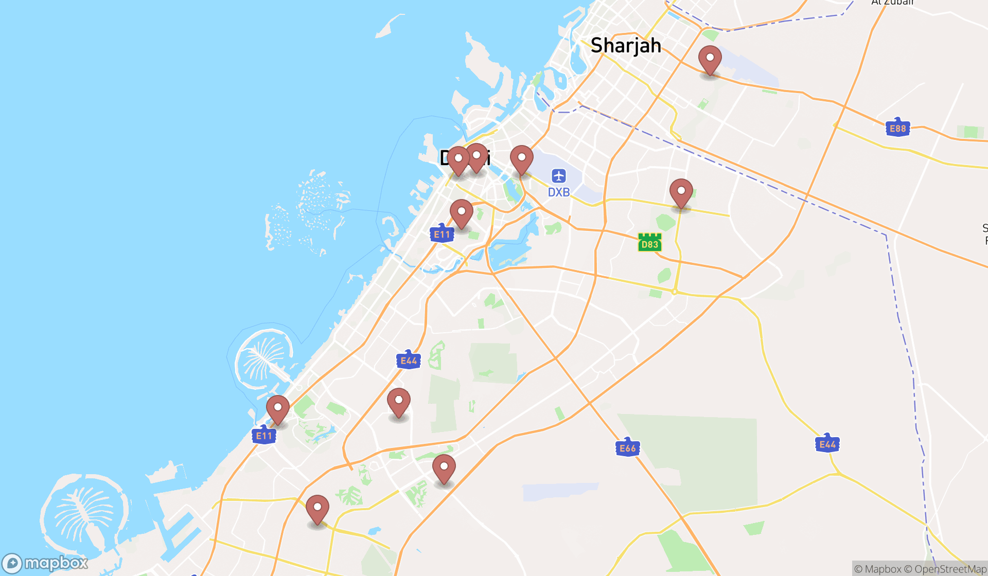 Map showing the ranked research institutes in Dubai, Dubai