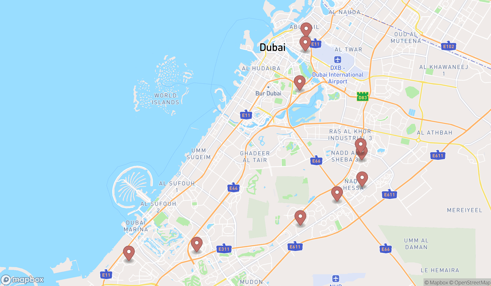 Map showing the ranked residential colleges in Dubai, Dubai