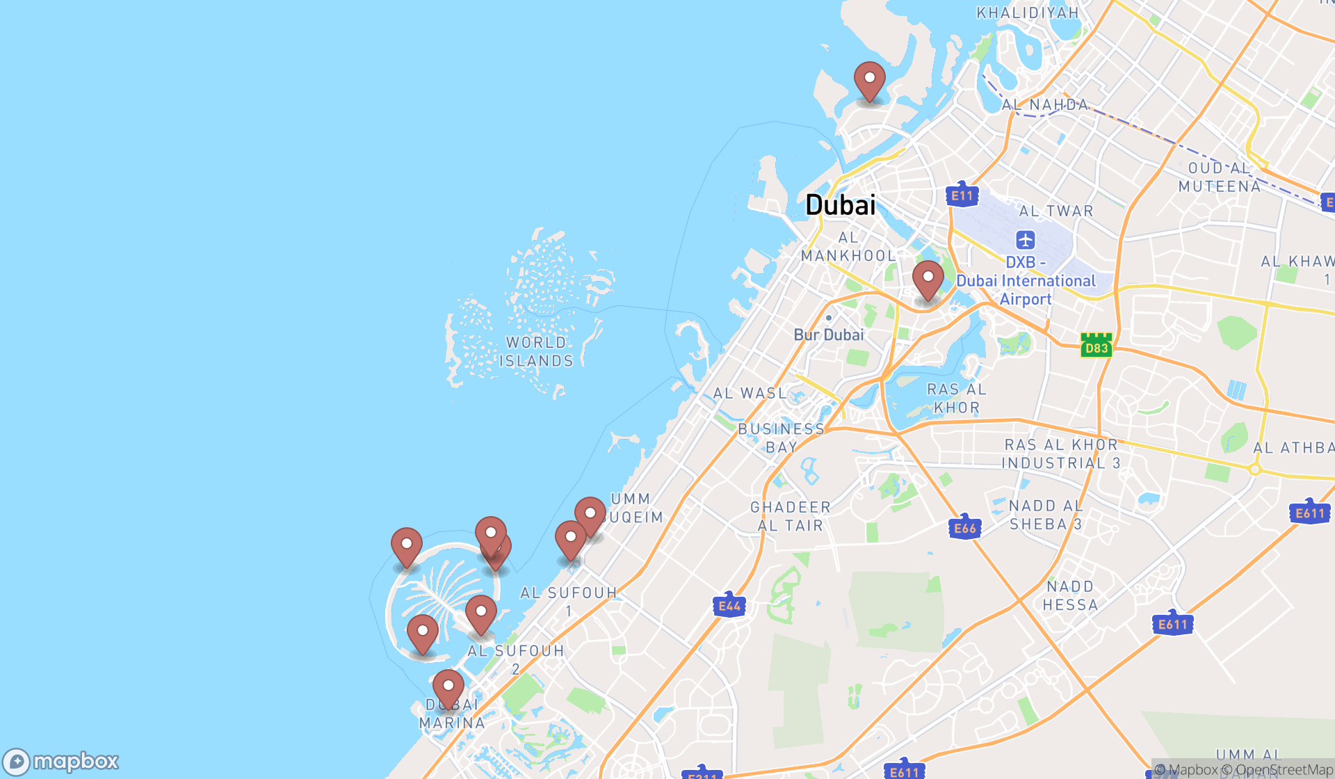 Map showing the ranked resort hotels in Dubai, Dubai