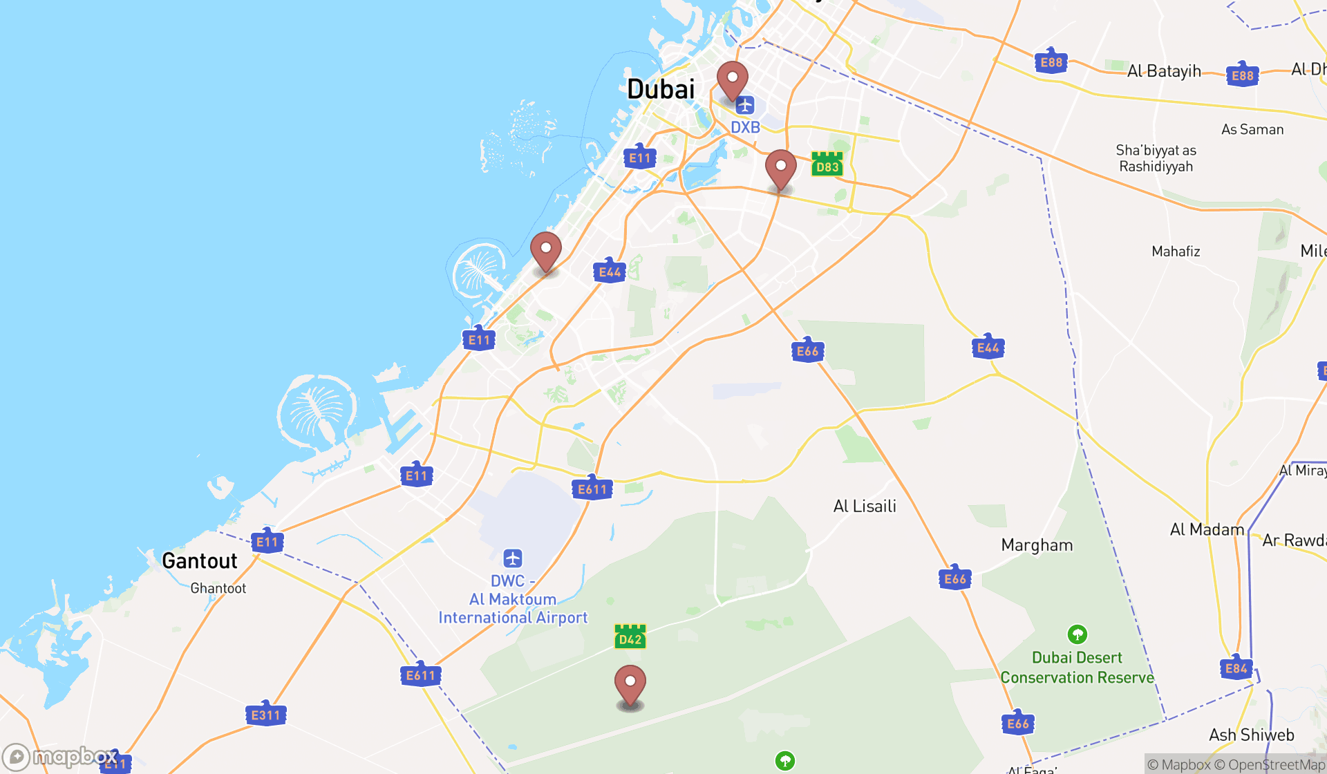 Map showing the ranked rest stops in Dubai, Dubai