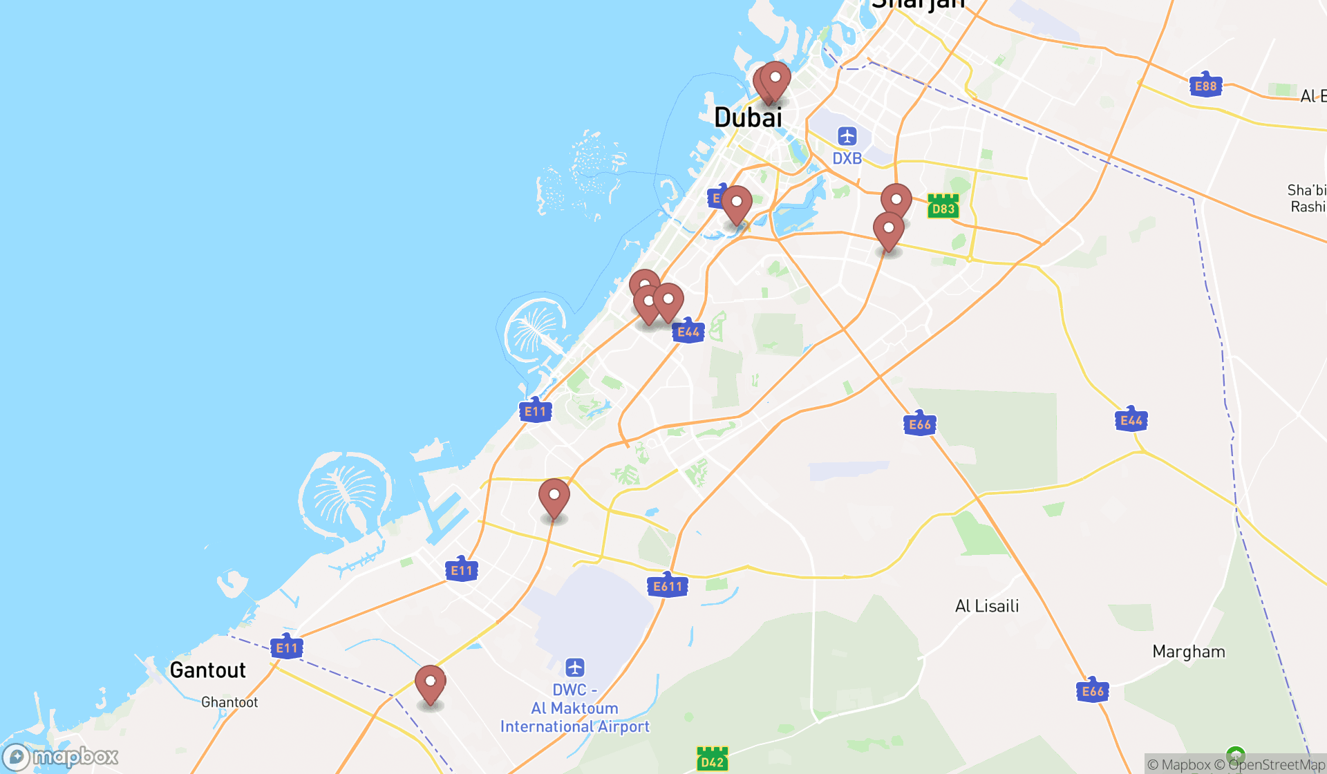 Map showing the ranked restaurant supply stores in Dubai, Dubai