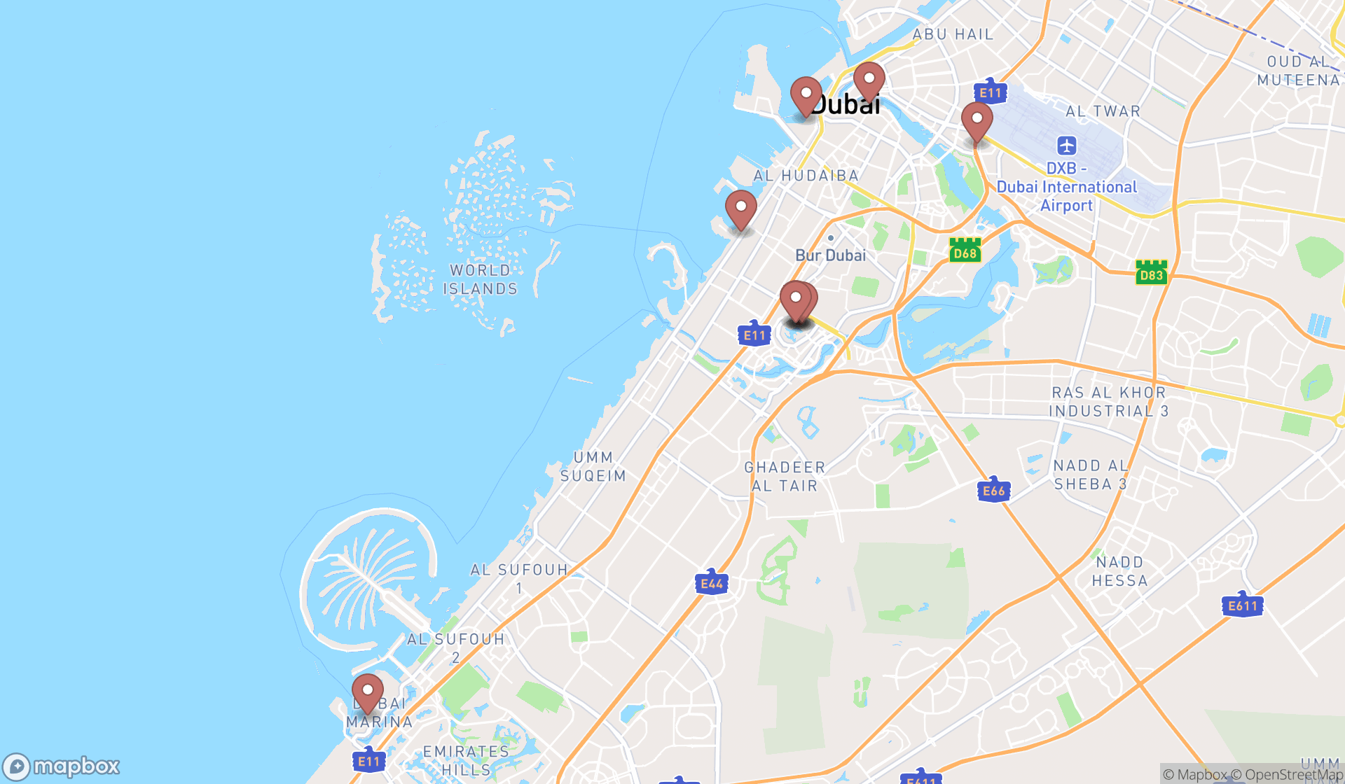 Map showing the ranked restaurants in Dubai, Dubai