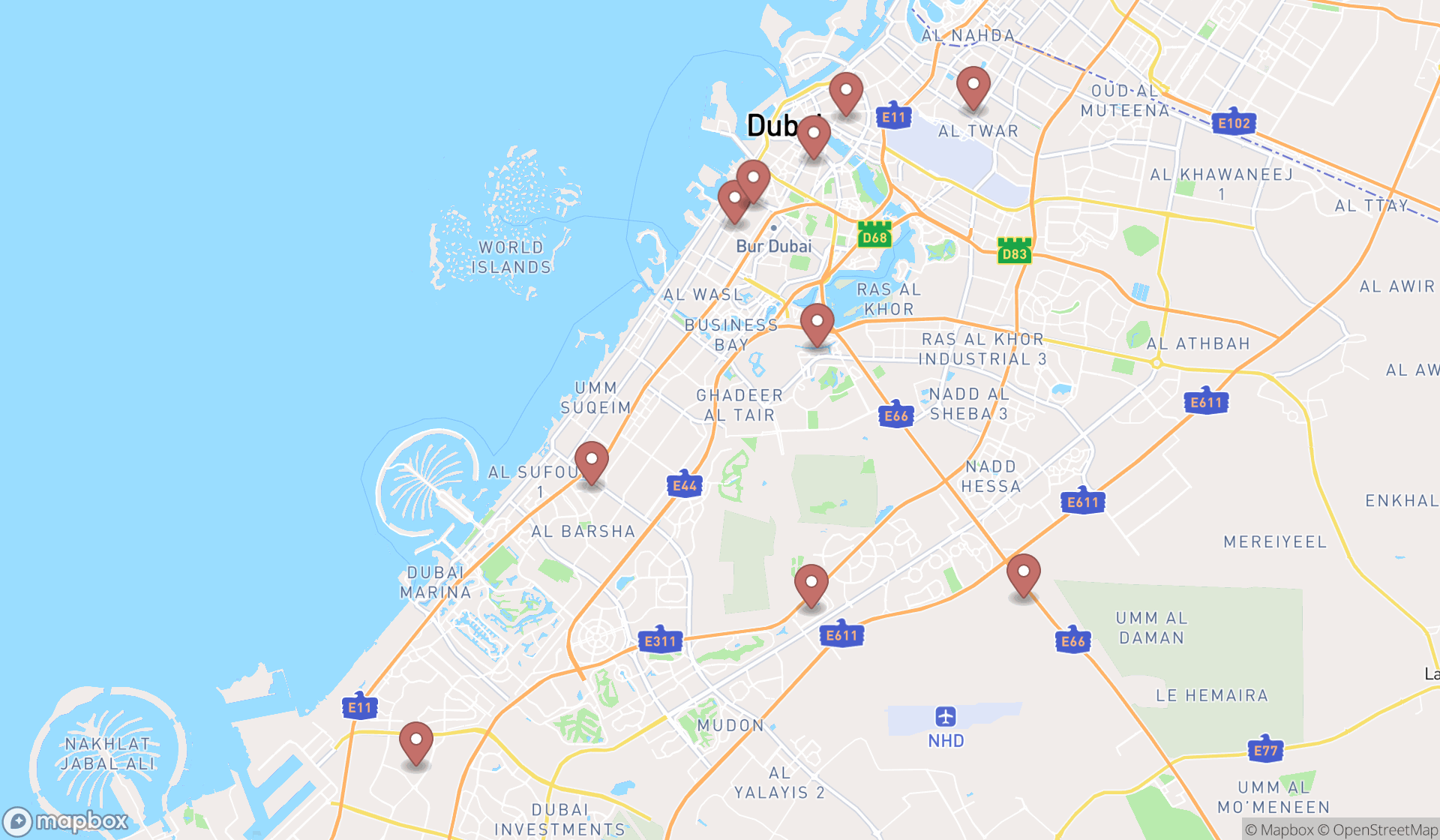Map showing the ranked retail space rental agencies in Dubai, Dubai