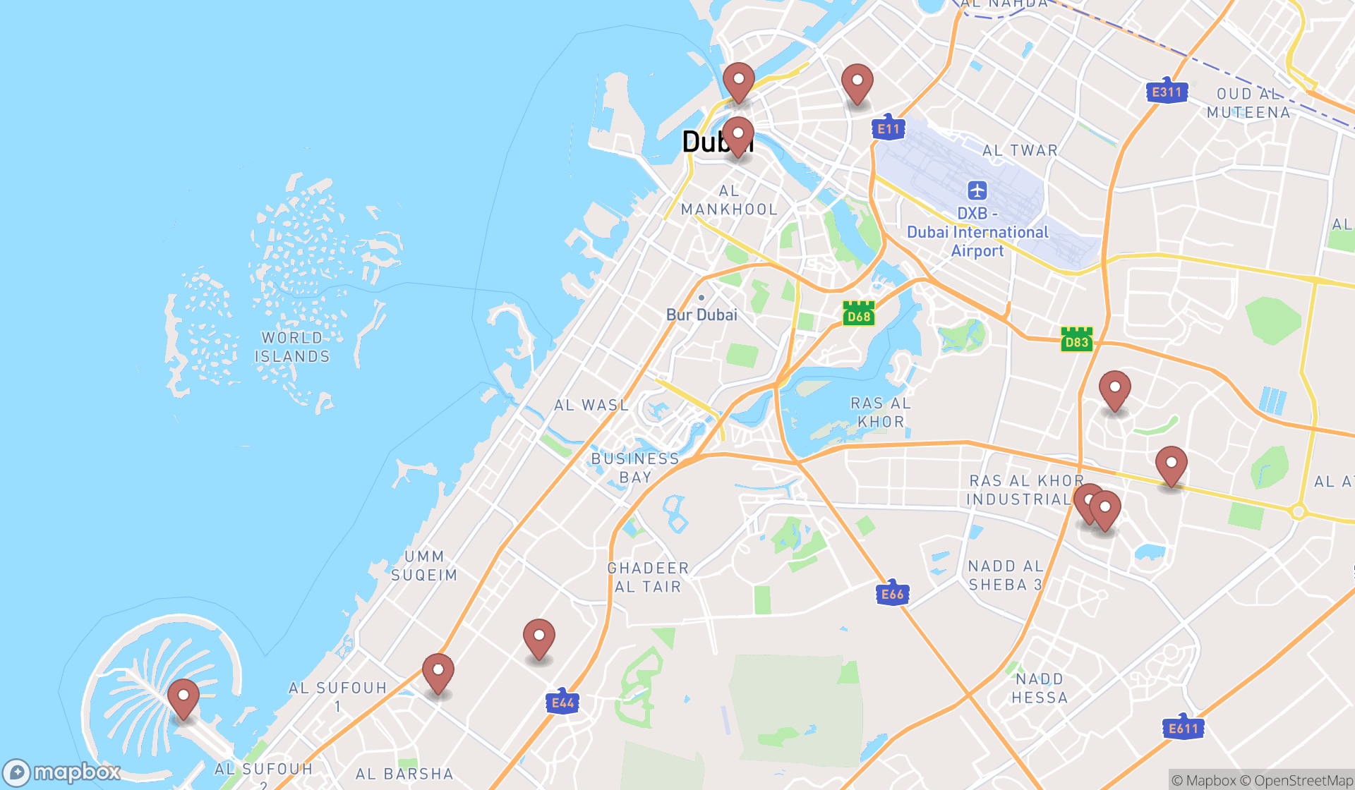 Map showing the ranked rice restaurants in Dubai, Dubai