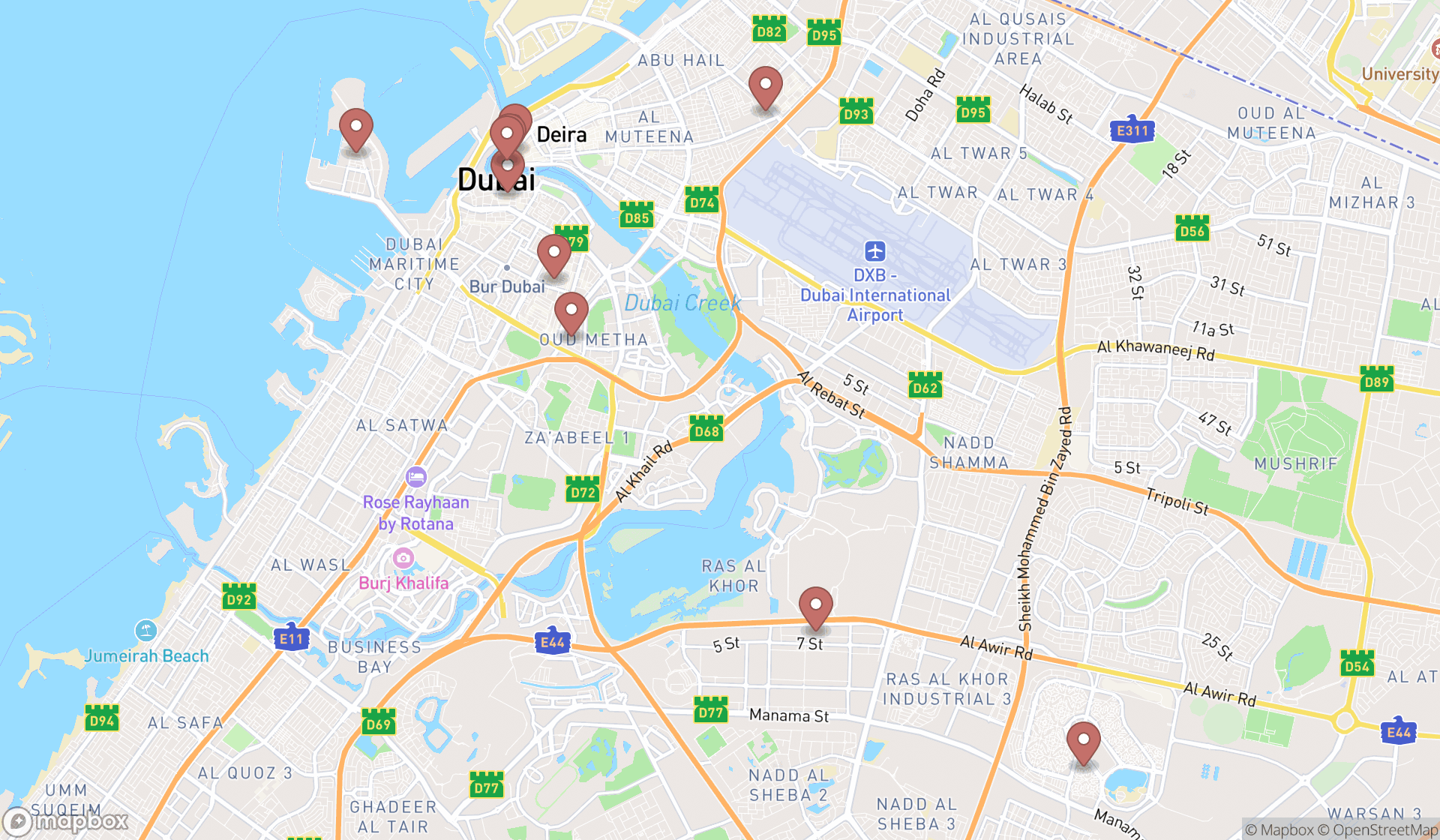 Map showing the ranked rice shops in Dubai, Dubai