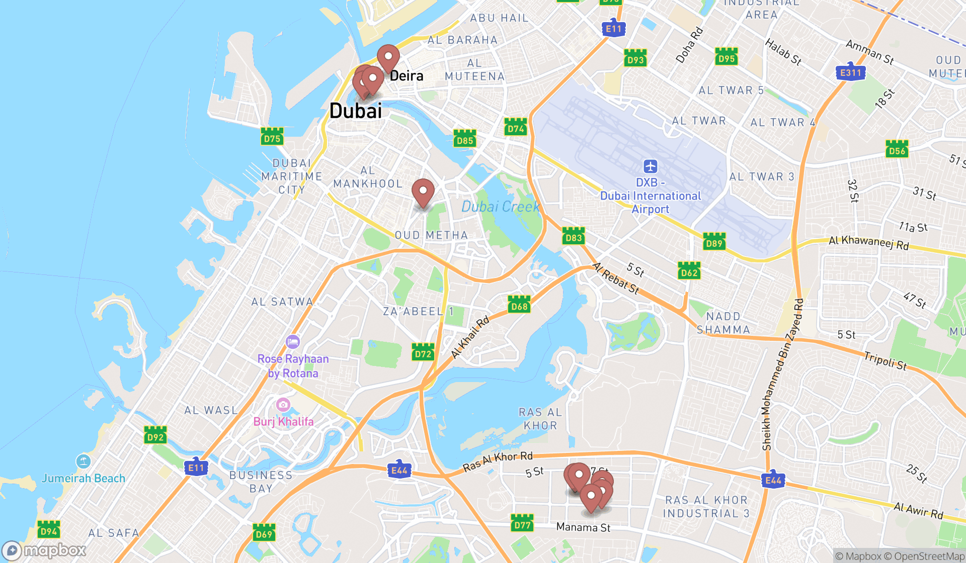 Map showing the ranked rice wholesalers in Dubai, Dubai