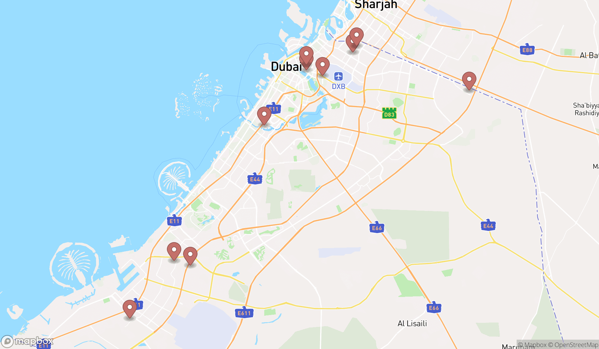 Map showing the ranked road construction companies in Dubai, Dubai