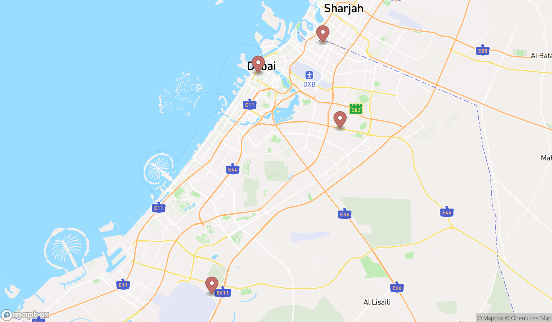 Map showing the ranked road safety towns in Dubai, Dubai