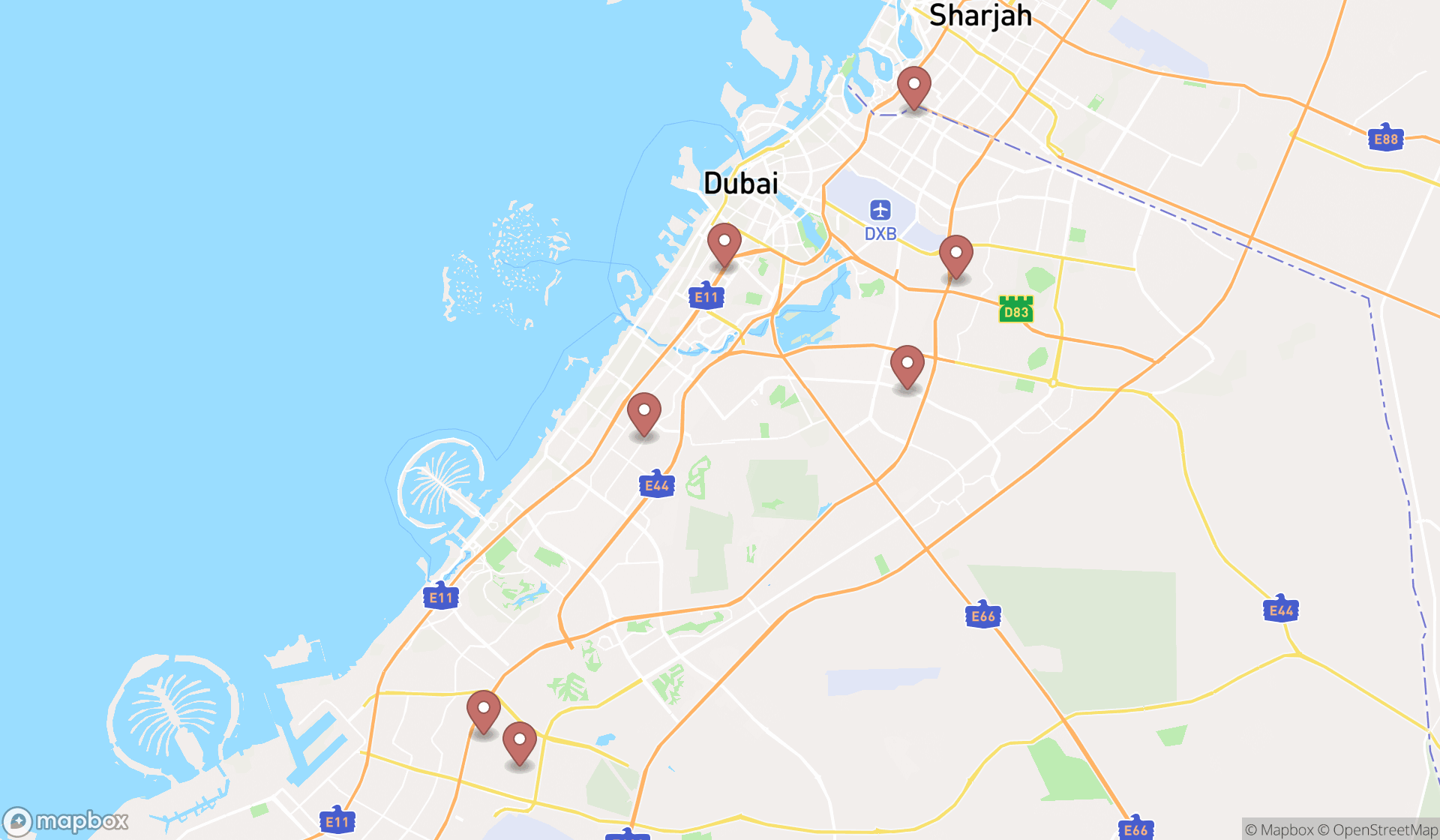 Map showing the ranked rock climbing gyms in Dubai, Dubai