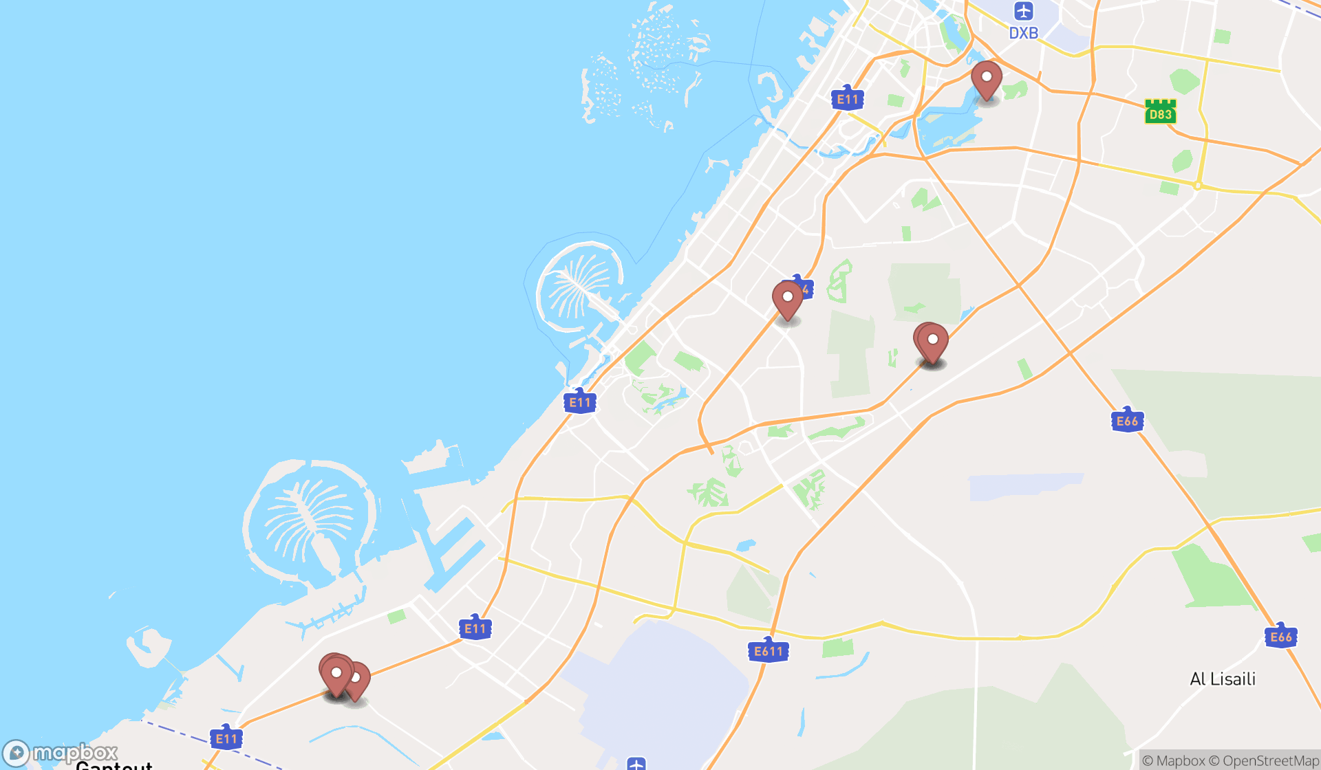 Map showing the ranked roller coasters in Dubai, Dubai