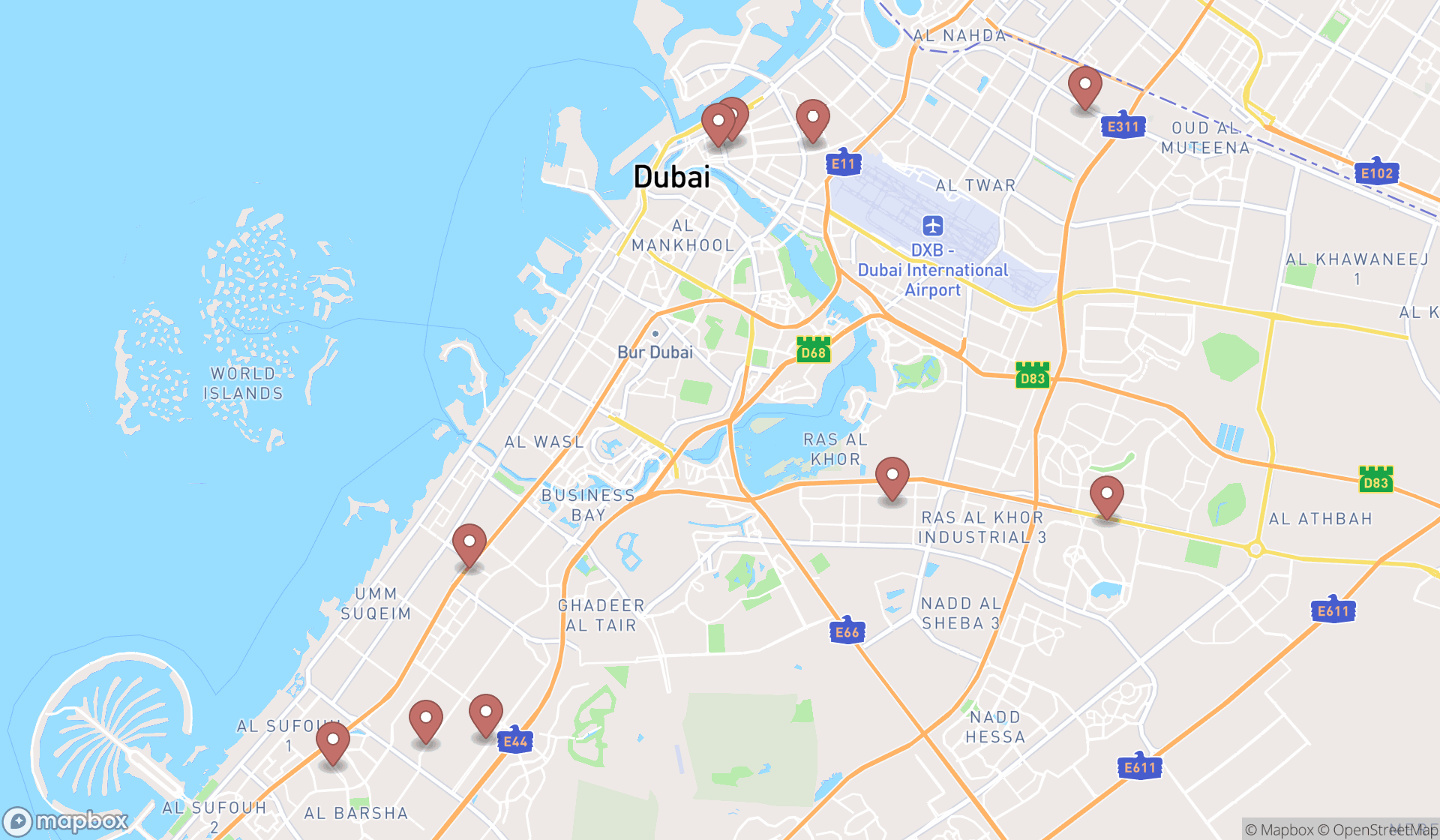Map showing the ranked roofing supply stores in Dubai, Dubai