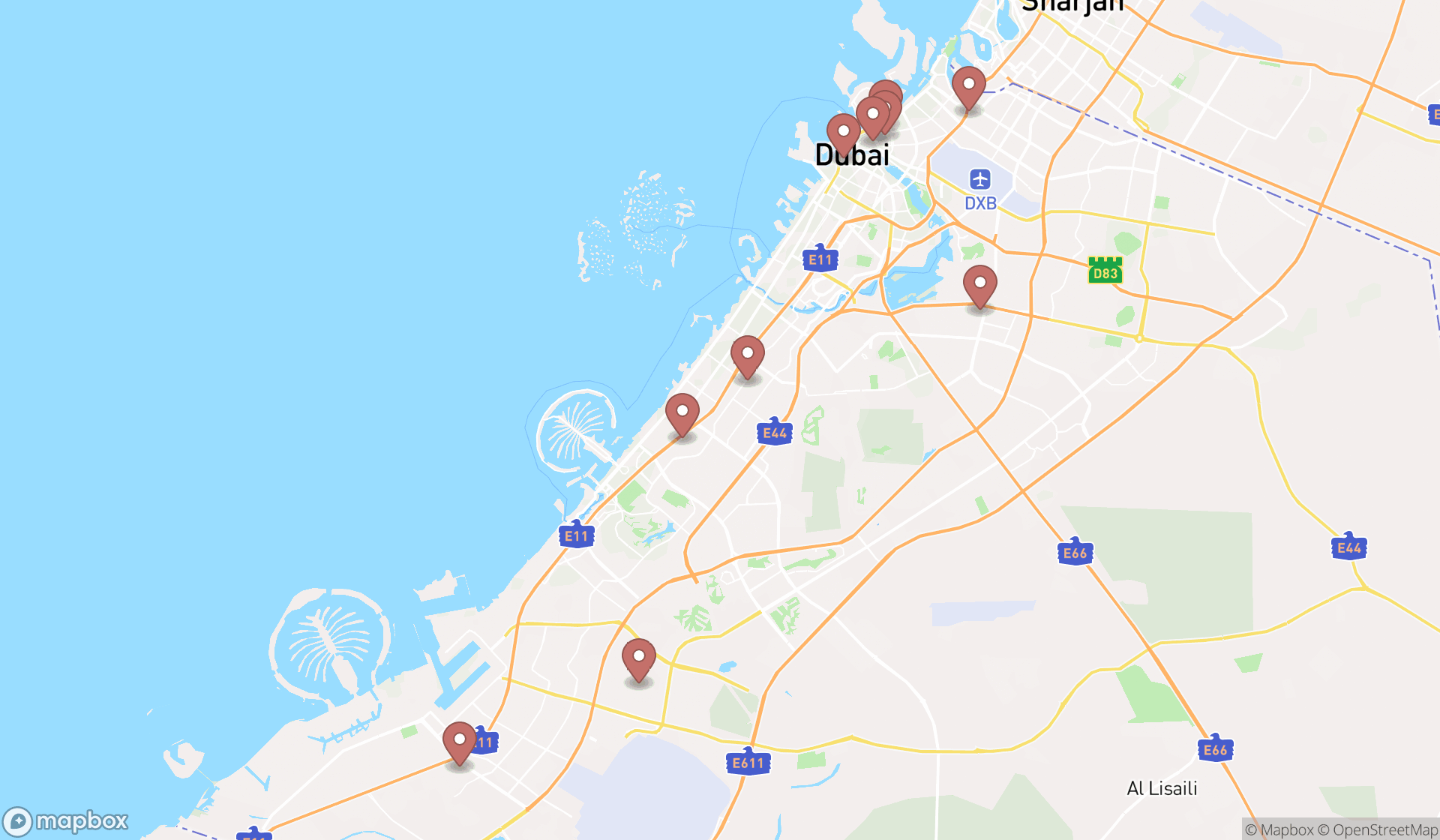Map showing the ranked rubber products suppliers in Dubai, Dubai