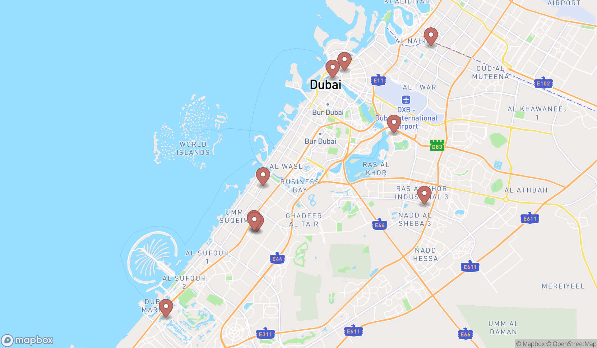 Map showing the ranked rug stores in Dubai, Dubai