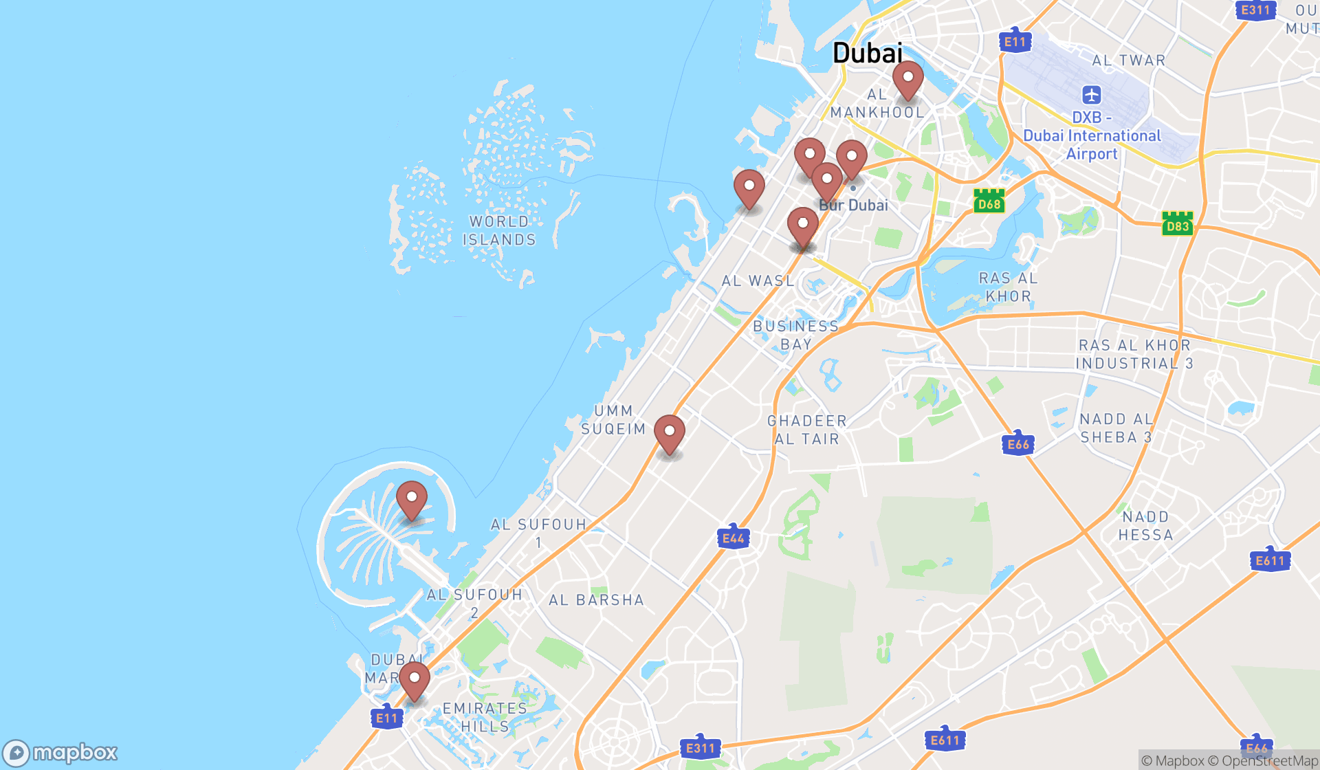Map showing the ranked salad shops in Dubai, Dubai