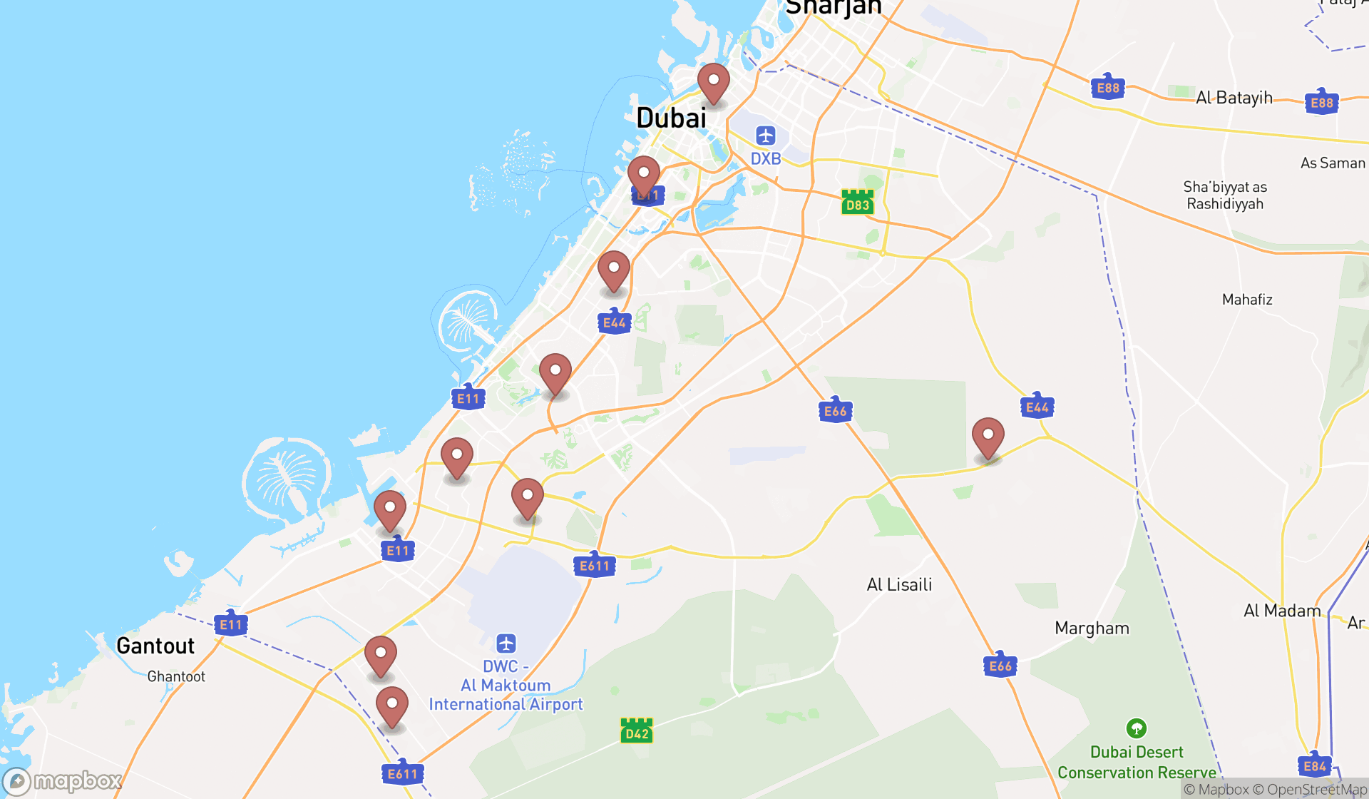 Map showing the ranked salvage yards in Dubai, Dubai