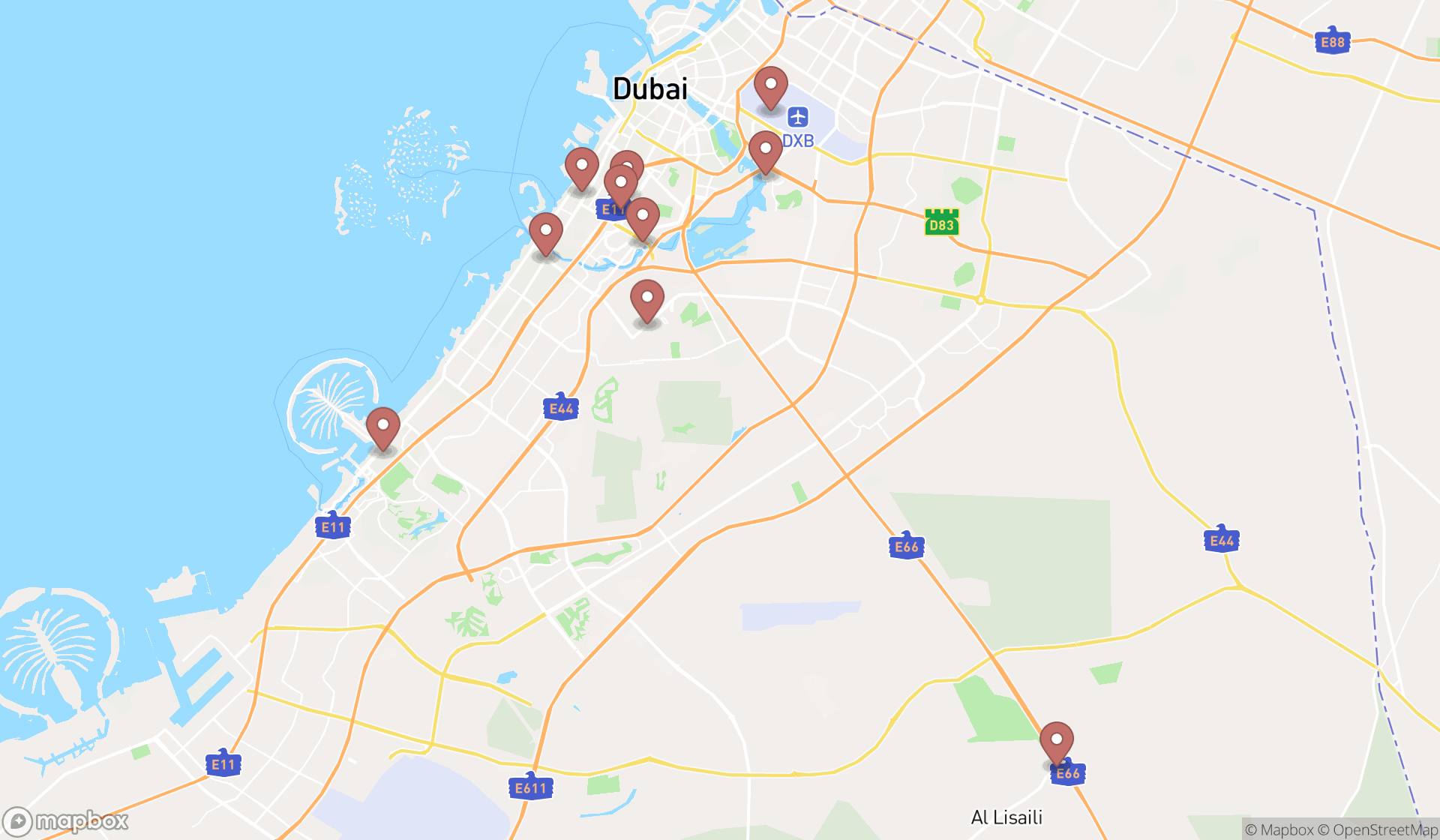 Map showing the ranked sandwich shops in Dubai, Dubai