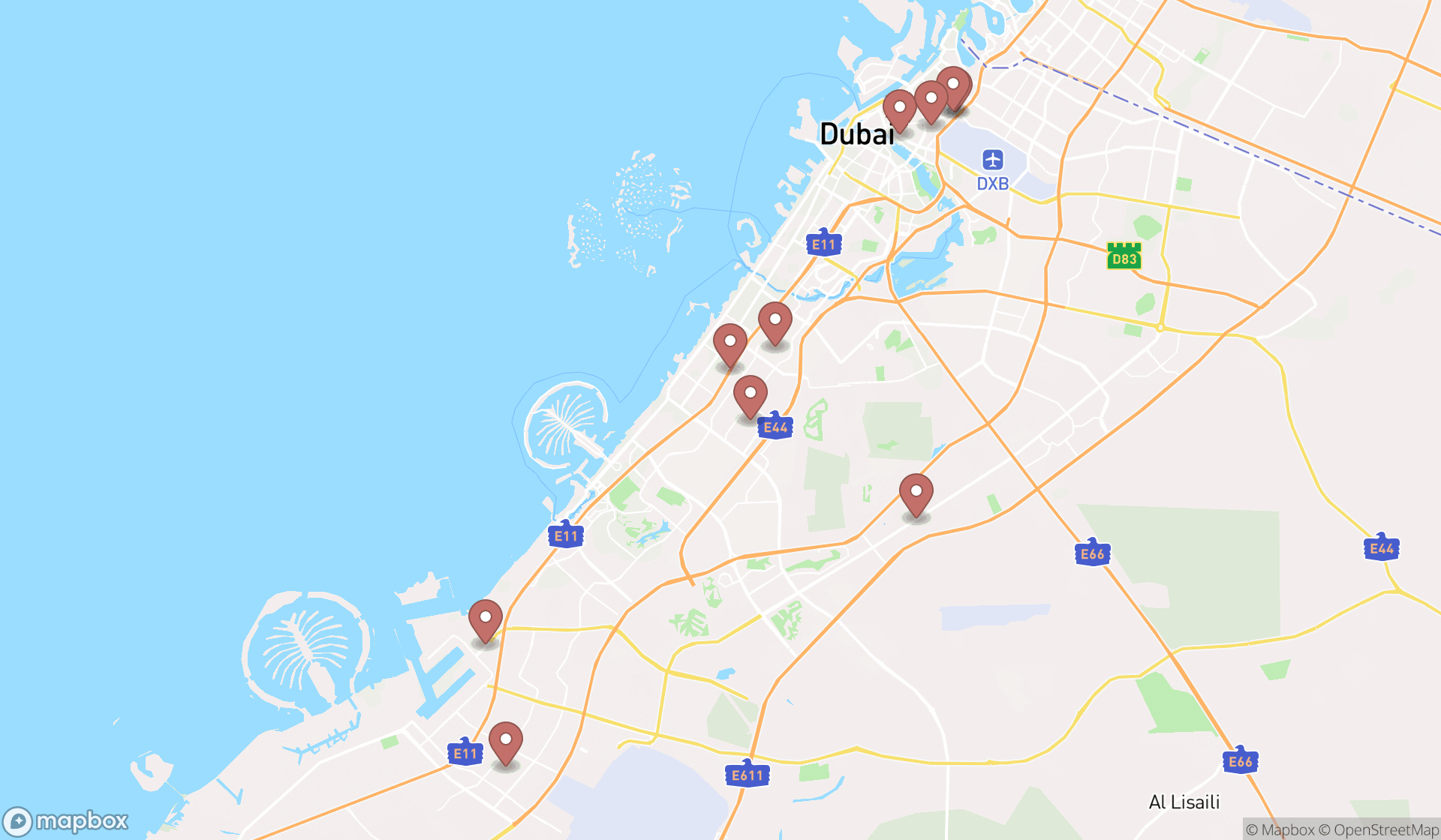 Map showing the ranked sanitary inspections in Dubai, Dubai