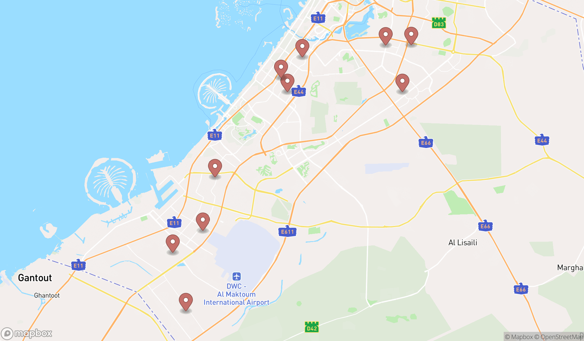 Map showing the ranked scaffolding rental services in Dubai, Dubai