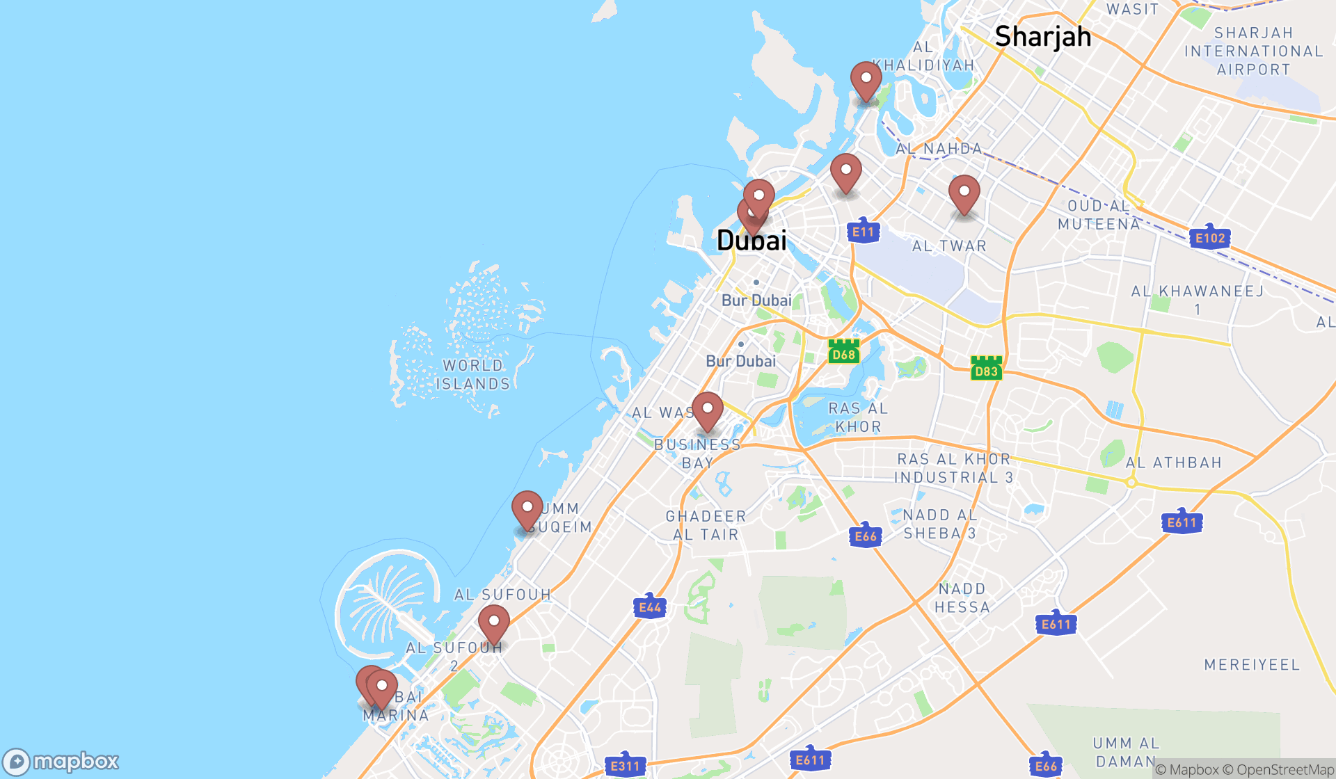 Map showing the ranked scenic spots in Dubai, Dubai